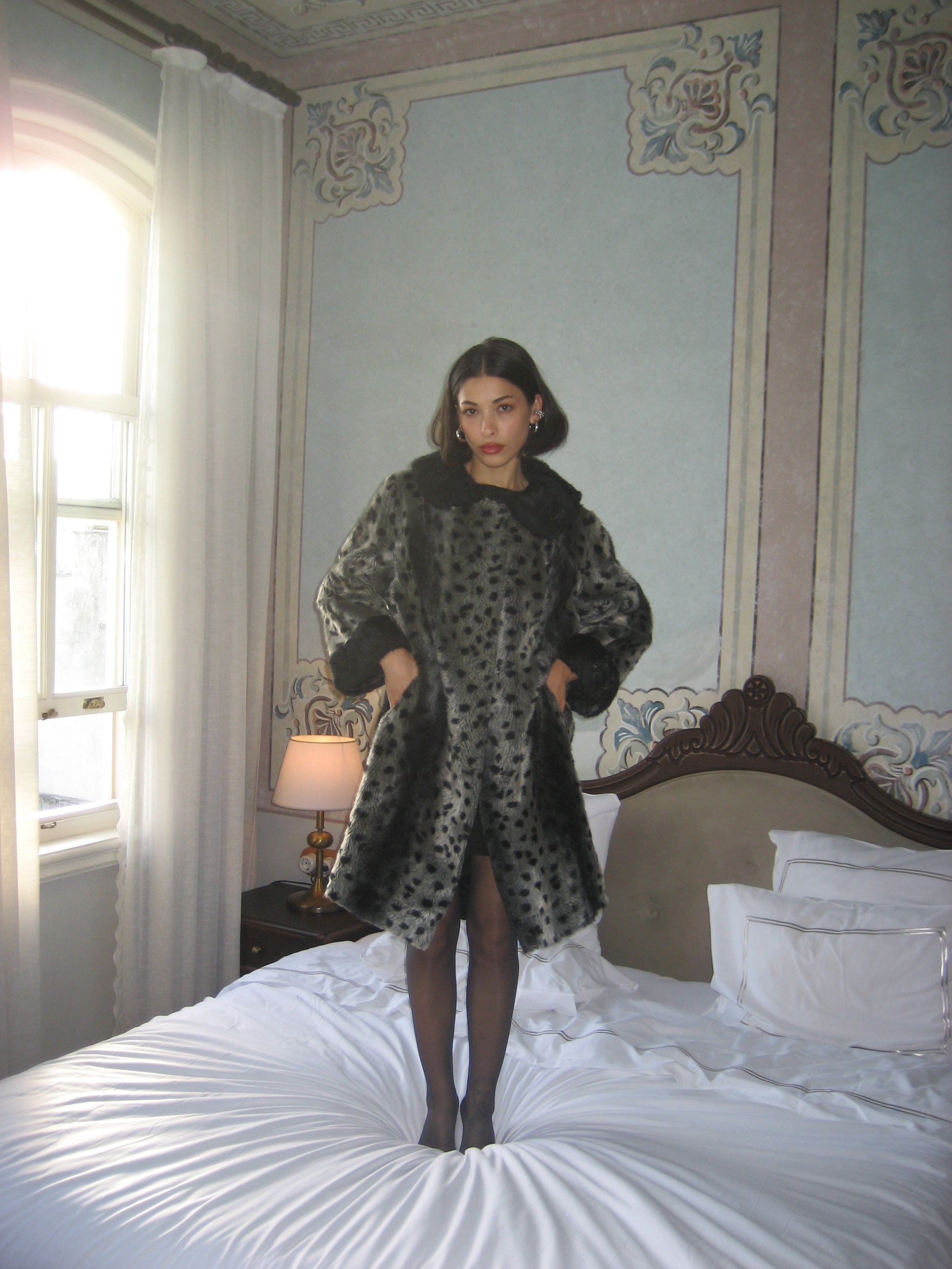 Patterned Gray Faux Fur Coat