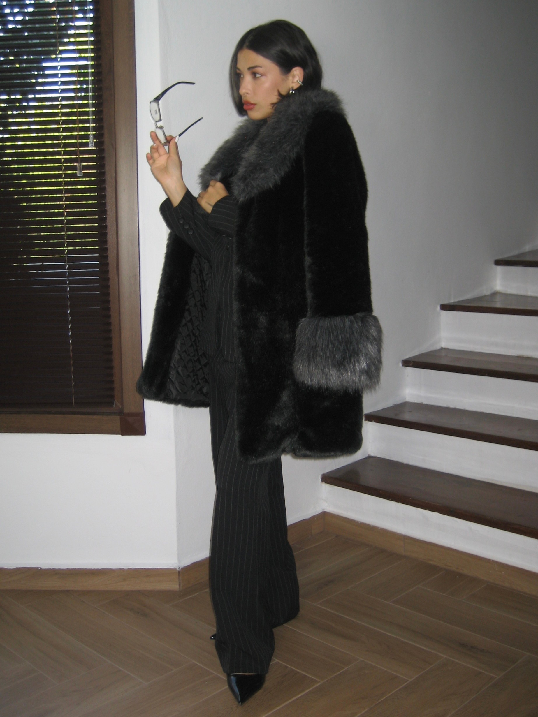 Gray Collar Black Faux Fur Coat