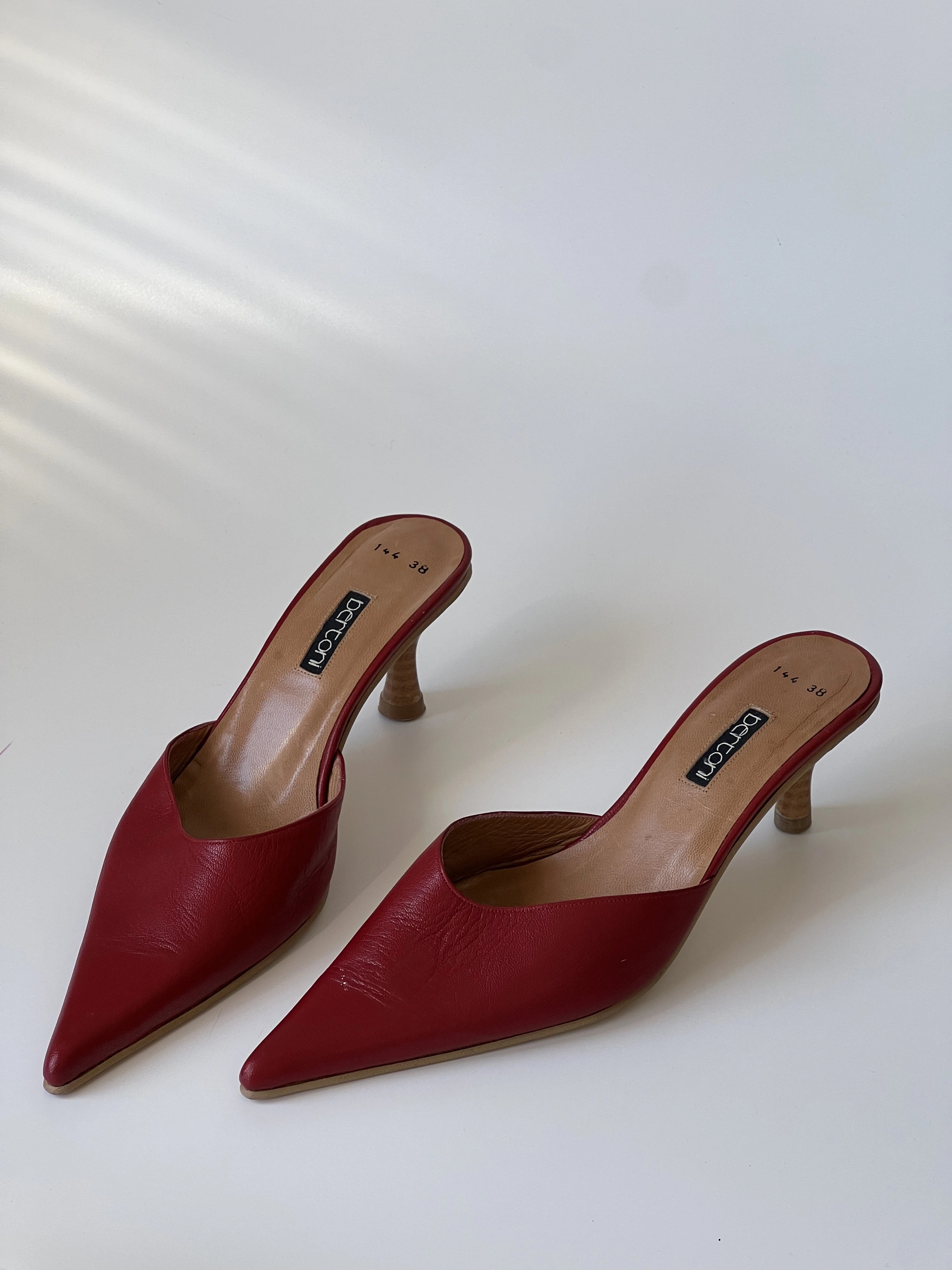 Red Pointed Toe Heeled Mules