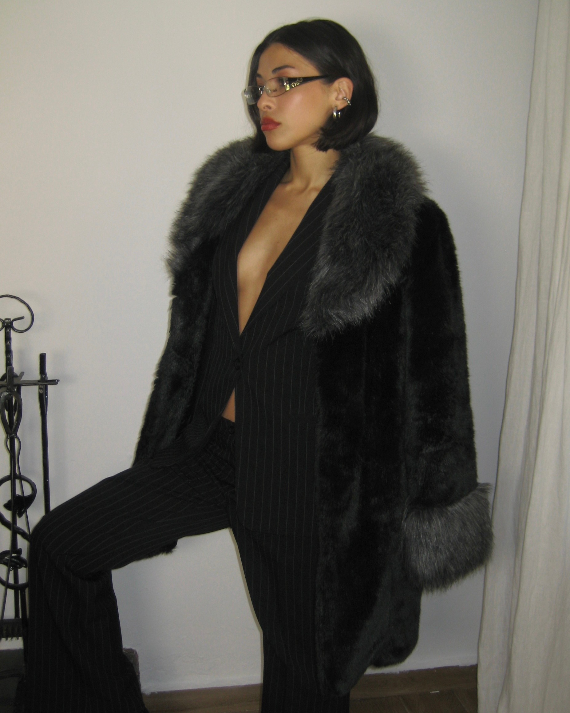 Gray Collar Black Faux Fur Coat