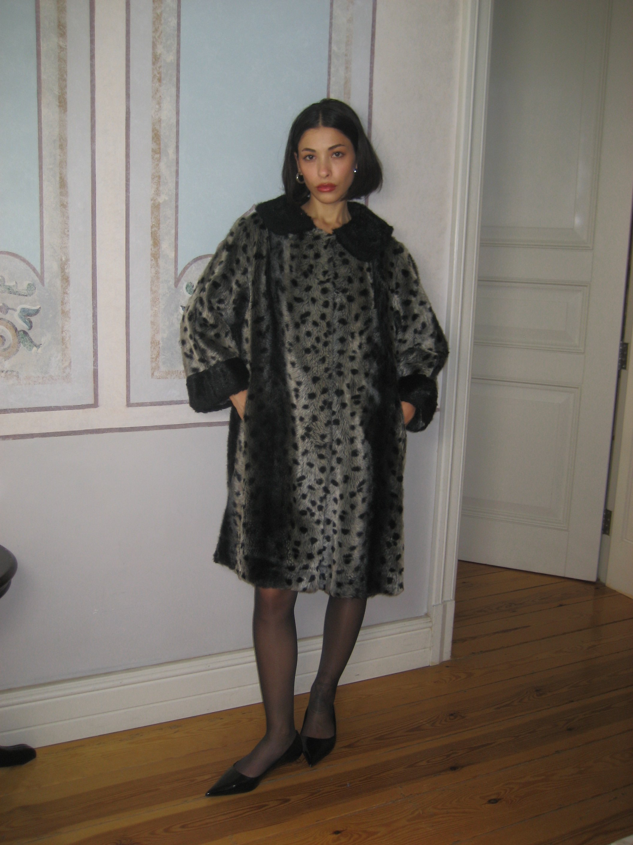 Patterned Gray Faux Fur Coat