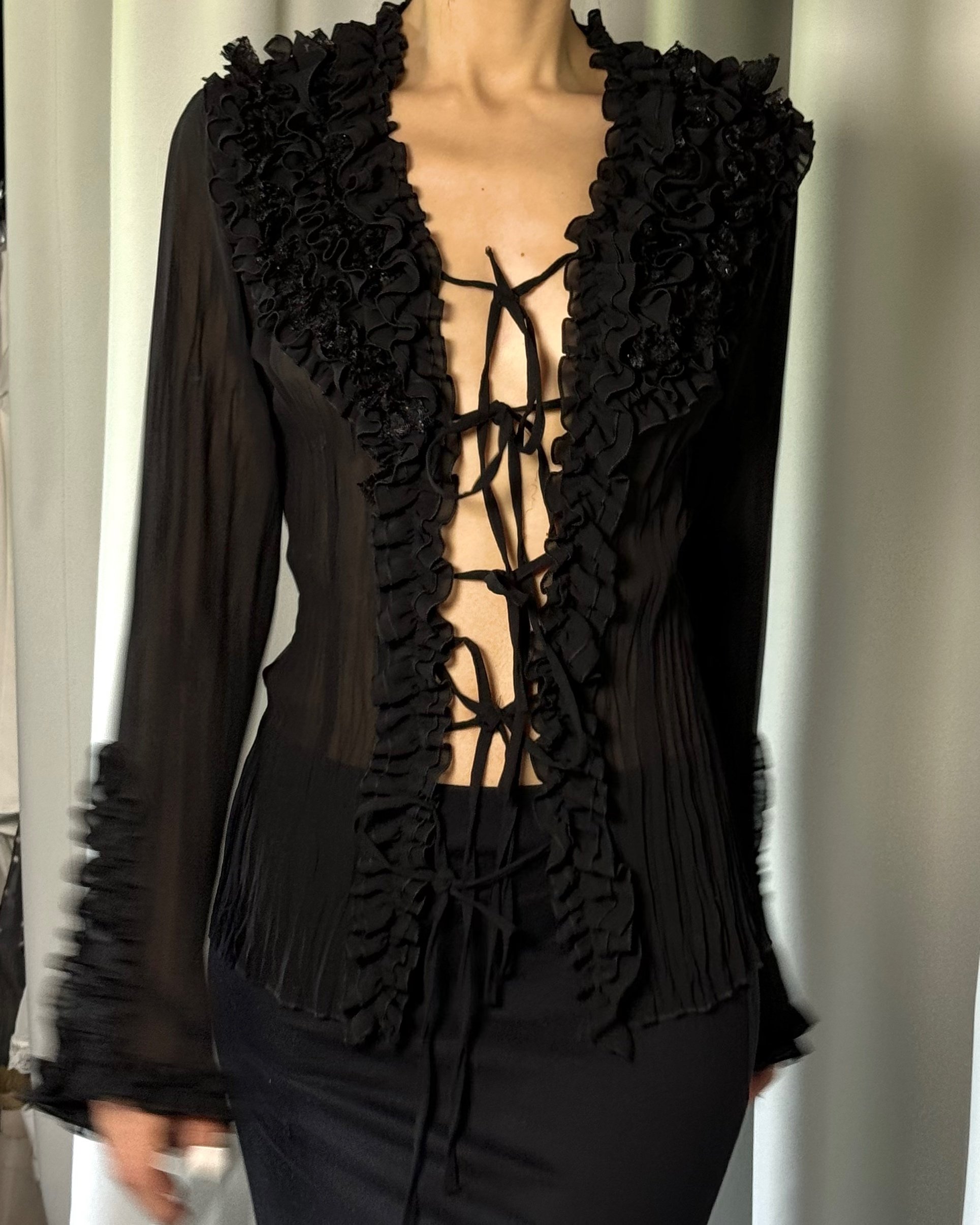 Ruffle Detailed Black Shirt