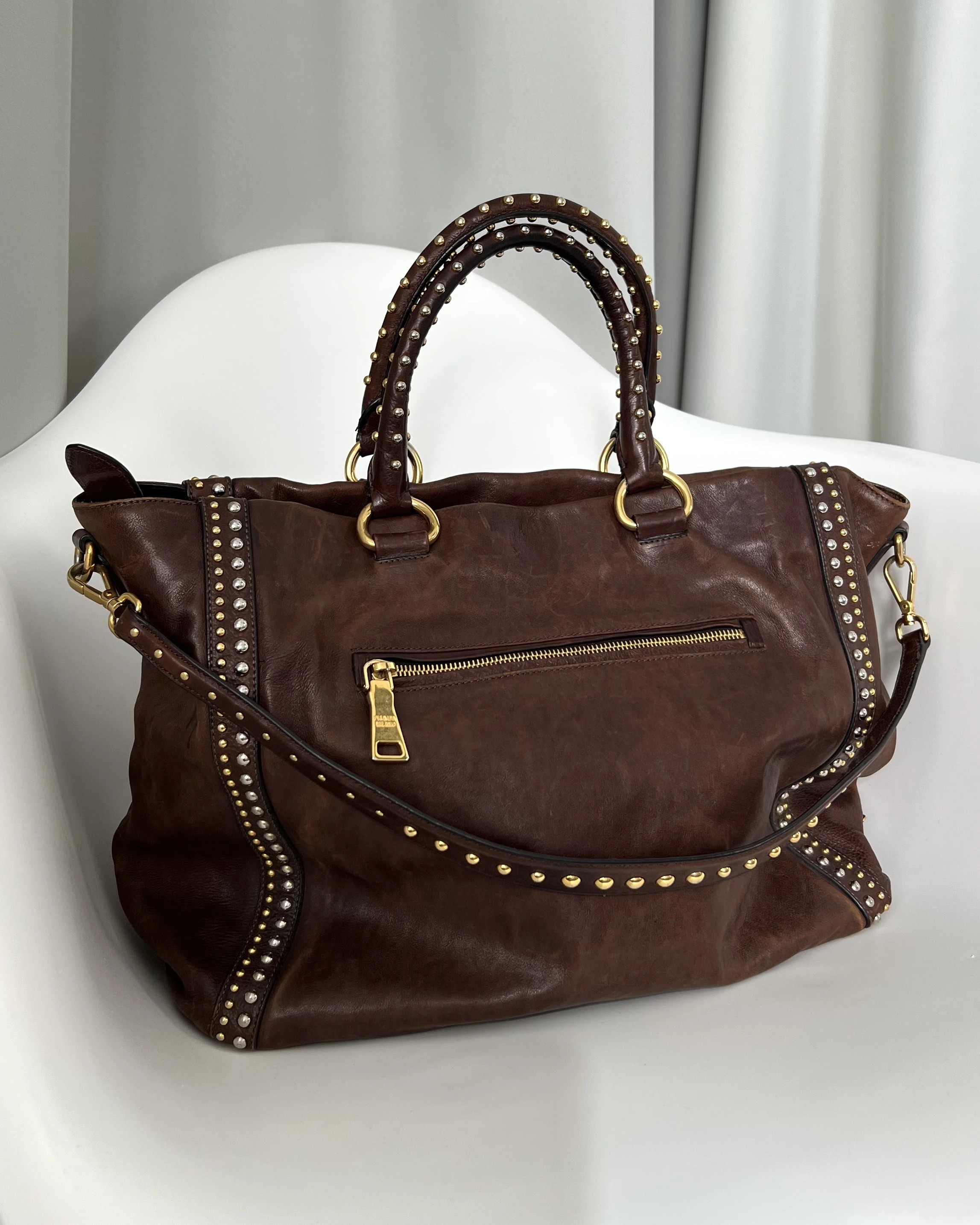 Prada Studded Leather Craquele Satchel Bag