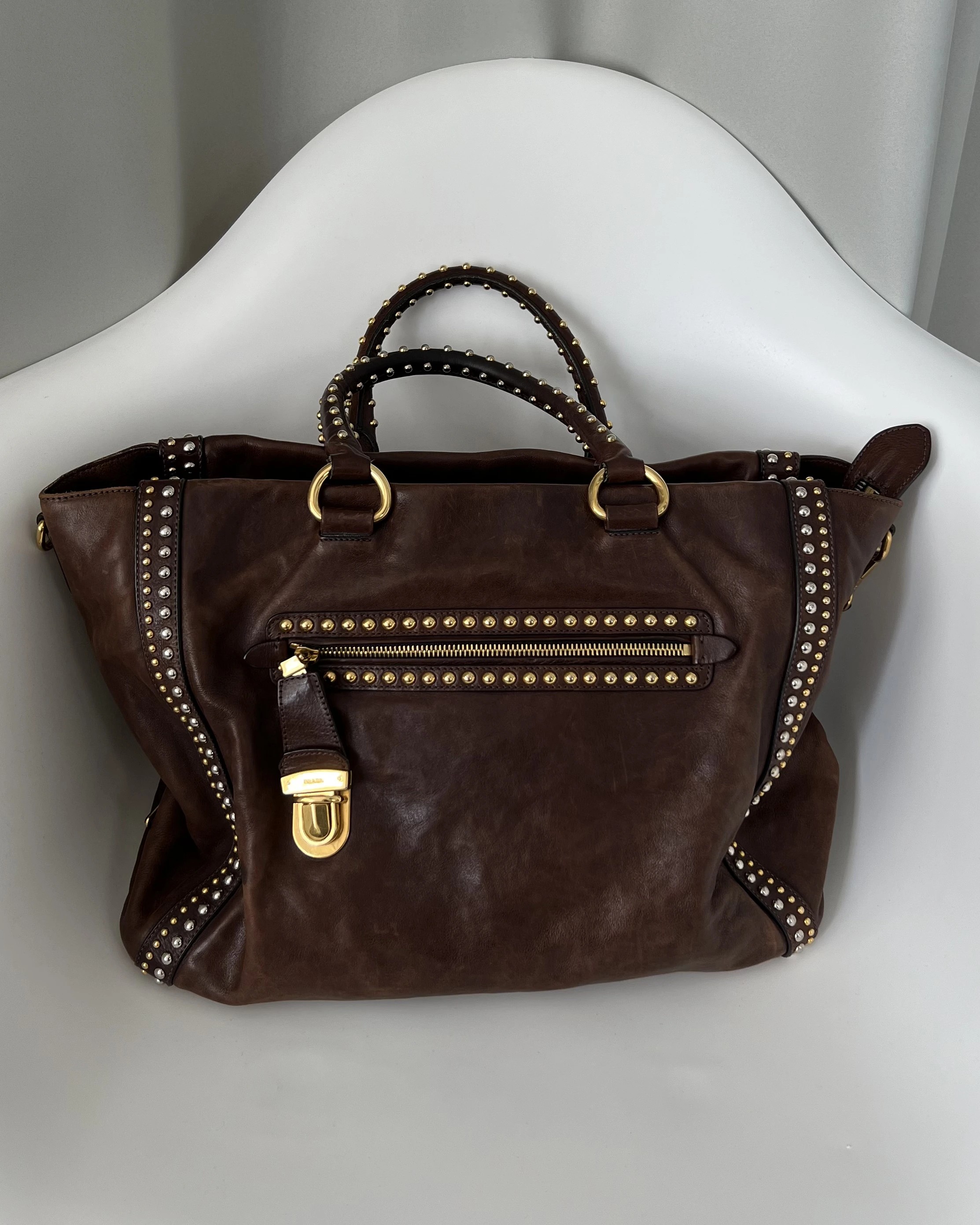 Prada Studded Leather Craquele Satchel Bag