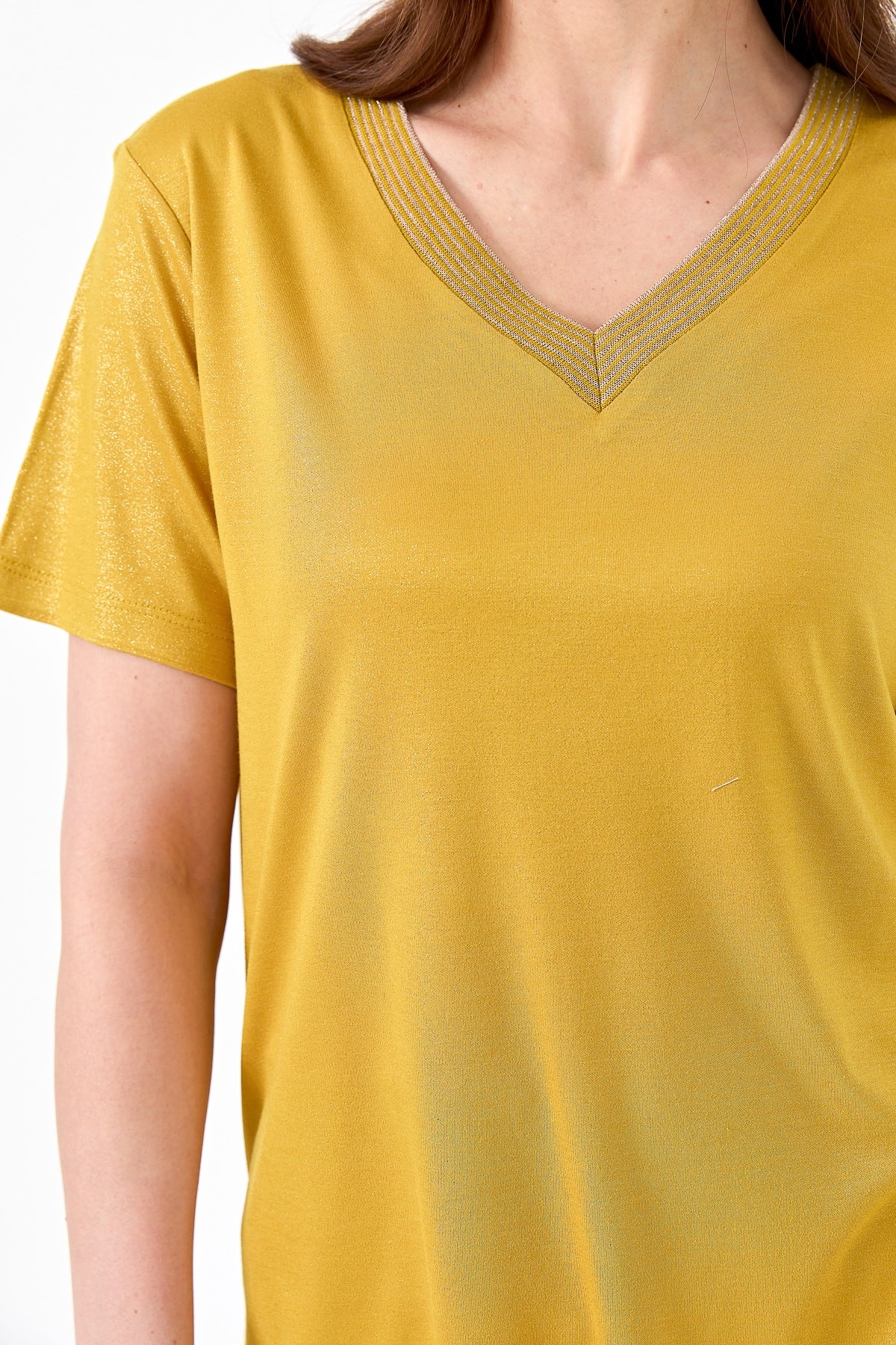 Kadın V Yaka Çizgili Penye T-shirt 23453