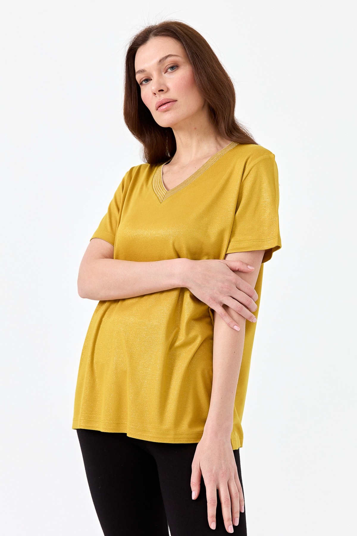 Kadın V Yaka Çizgili Penye T-shirt 23453