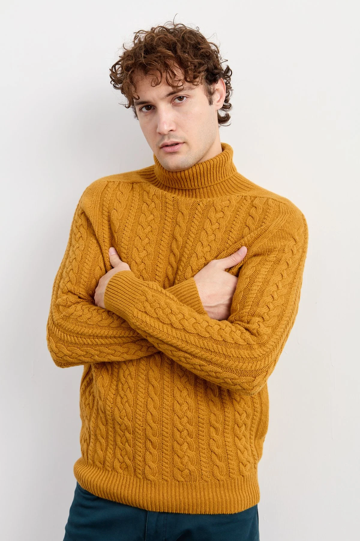 Erkek Balıkçı Yaka Saç Örgülü Yün Kazak 22589