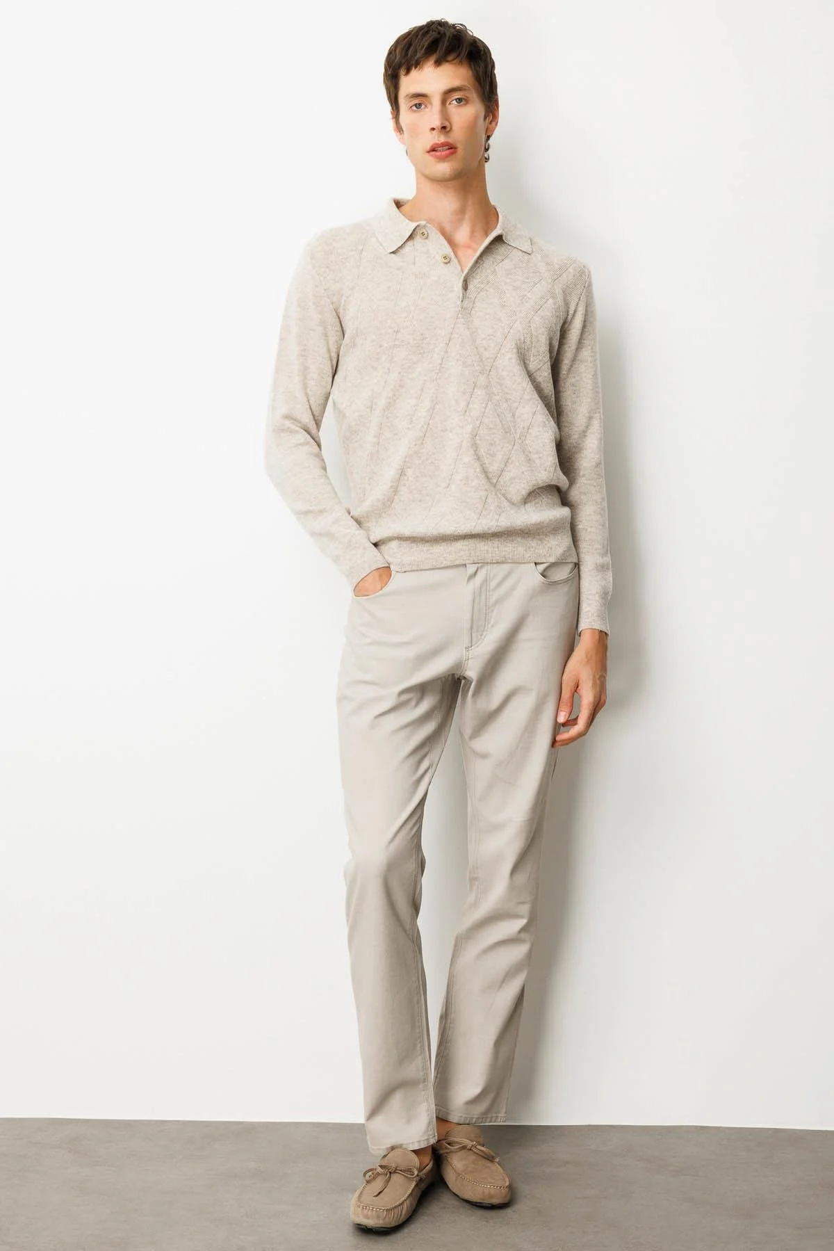 Erkek Polo Yaka Hasır Örgü Baklava Yürütmeli Yün Kazak 25507