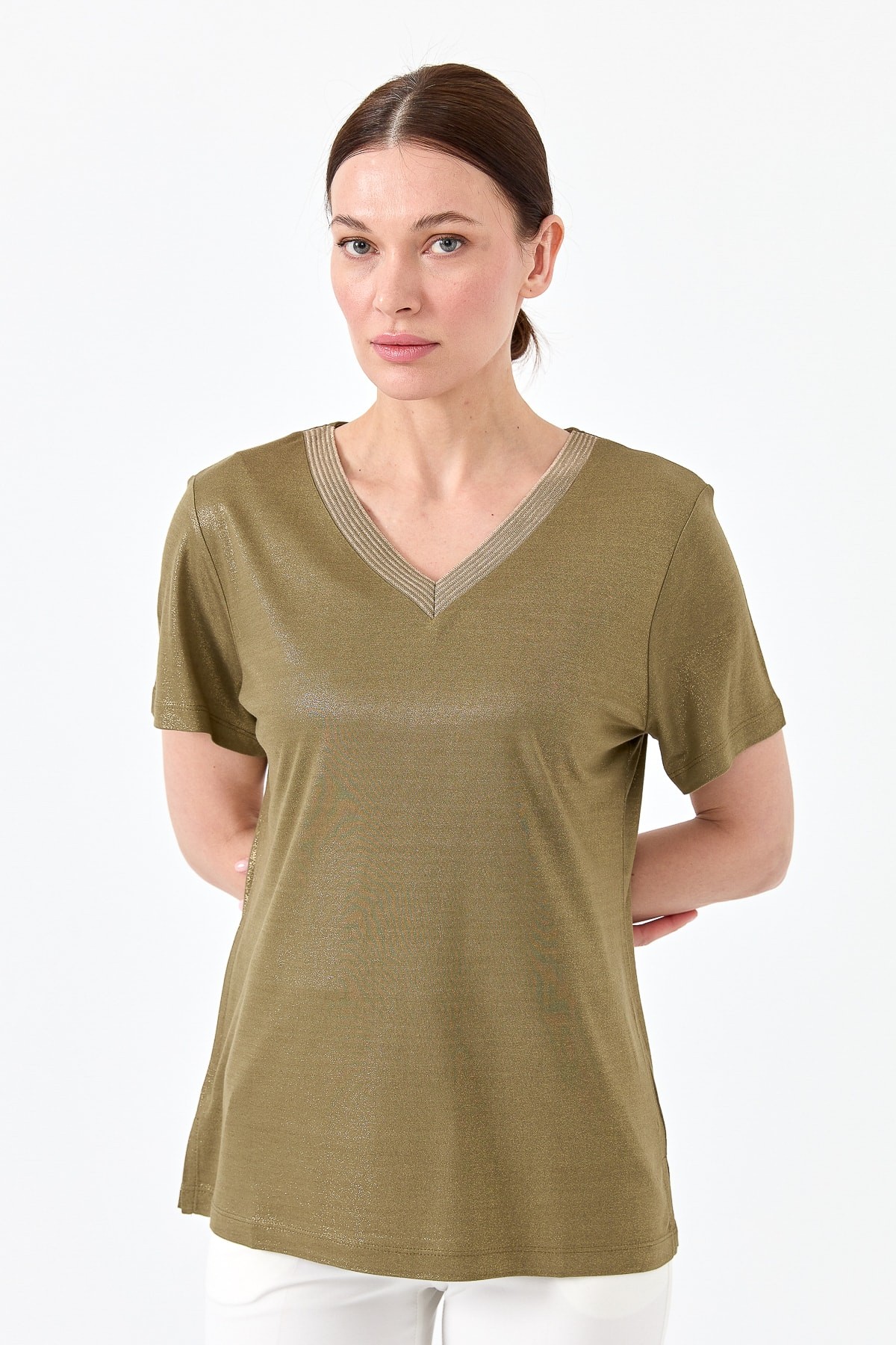 Kadın V Yaka Çizgili Penye T-shirt 23453 - Haki