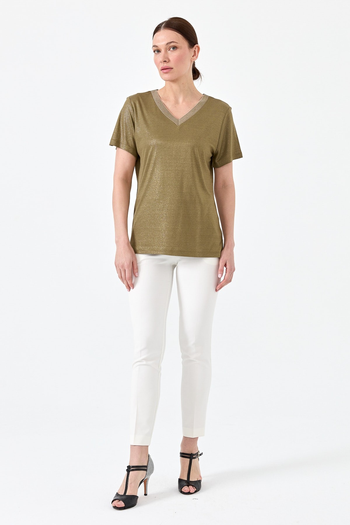 Kadın V Yaka Çizgili Penye T-shirt 23453