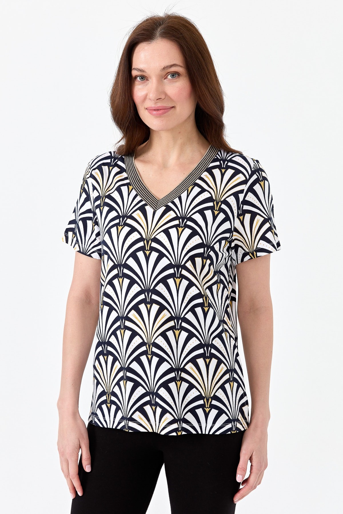 Kadın V Yaka Yelpaze Desenli Penye T-shirt 23468