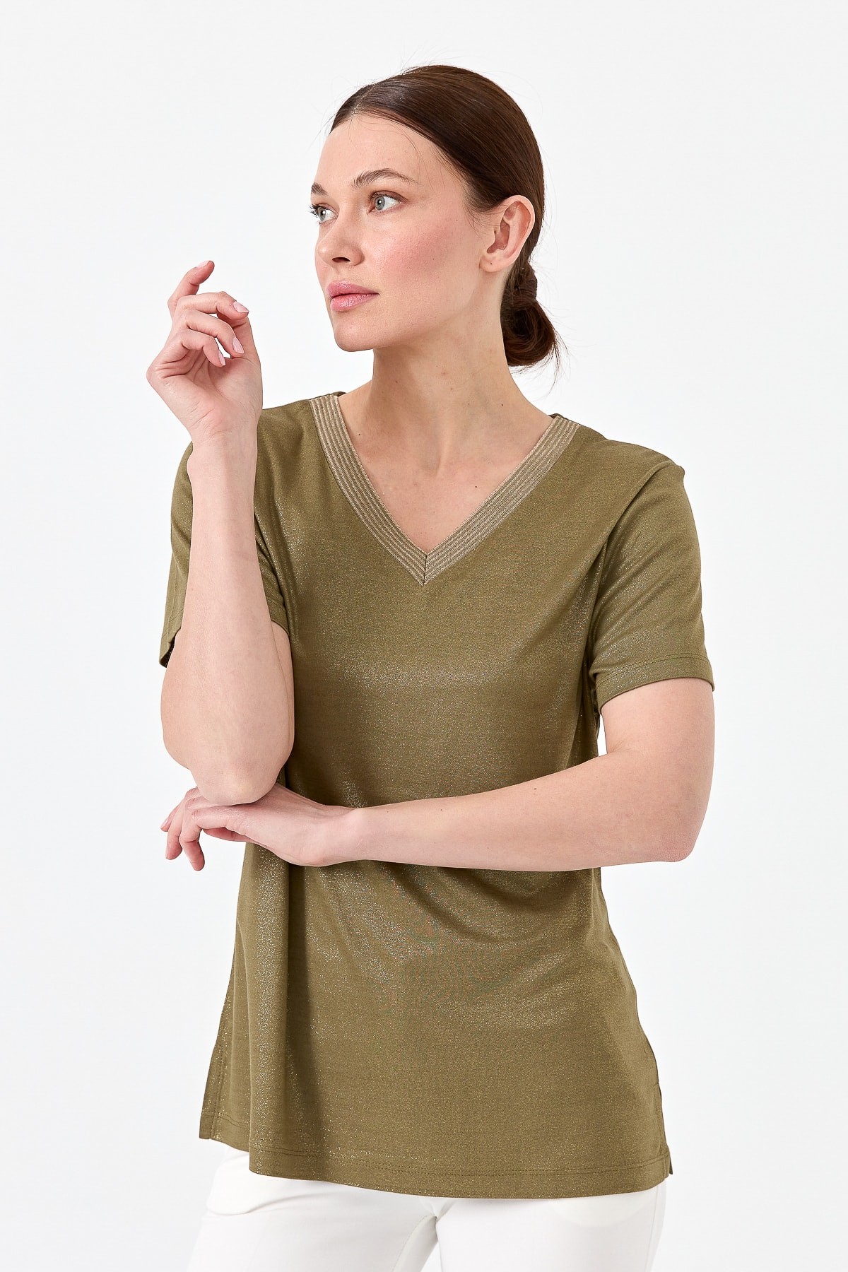 Kadın V Yaka Çizgili Penye T-shirt 23453