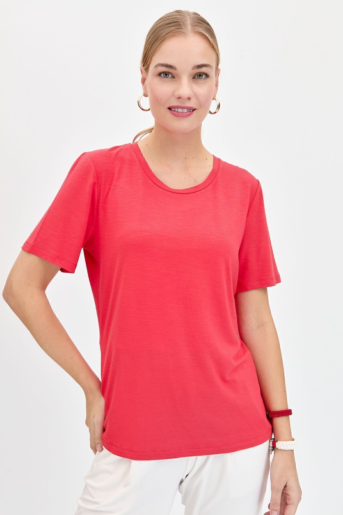Kadın Sıfır Yaka Flamlı Kumaş Penye Tshirt 24084