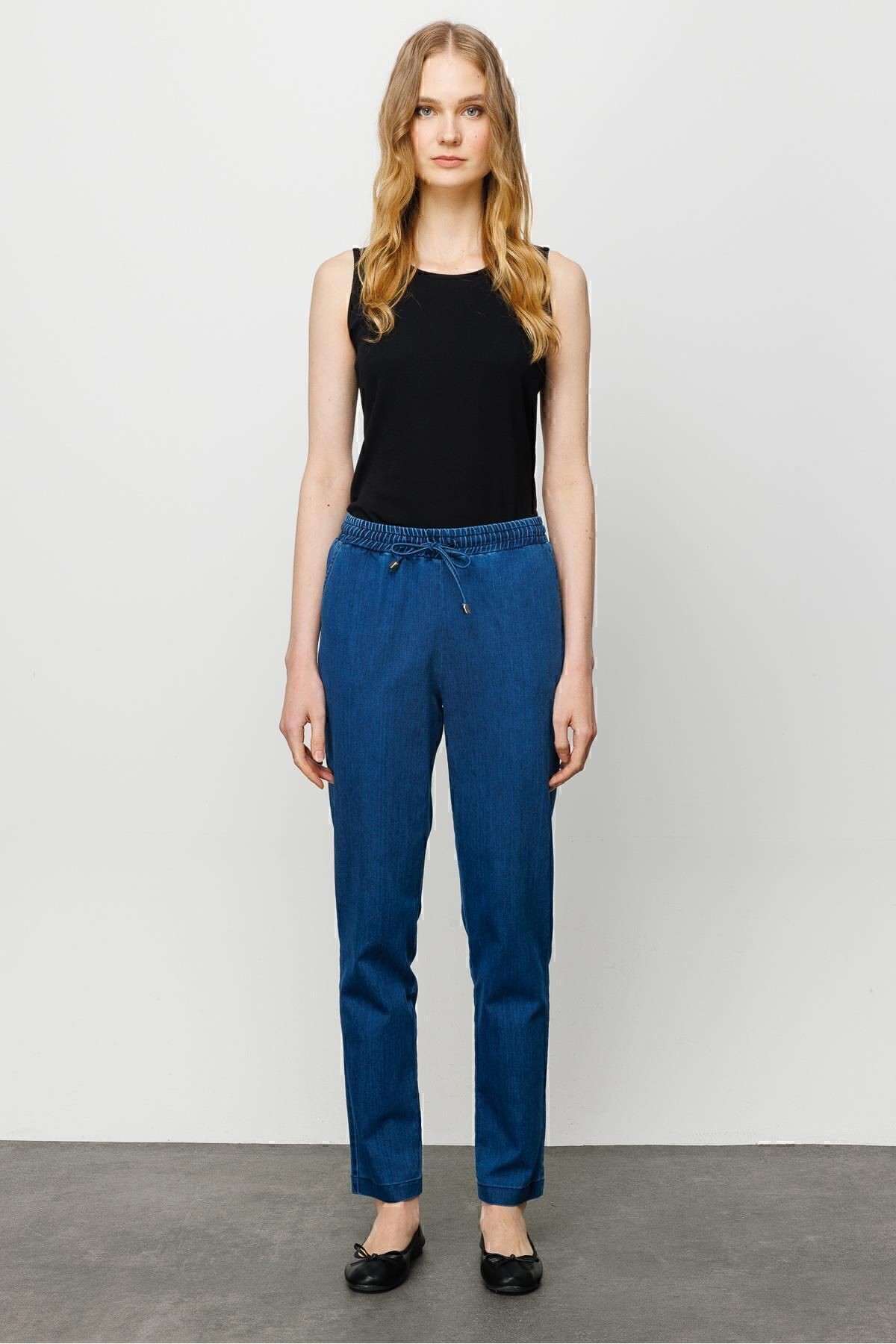 Kadın Beli Bağcıklı Lastikli Jean Pantolon Mavi 23903