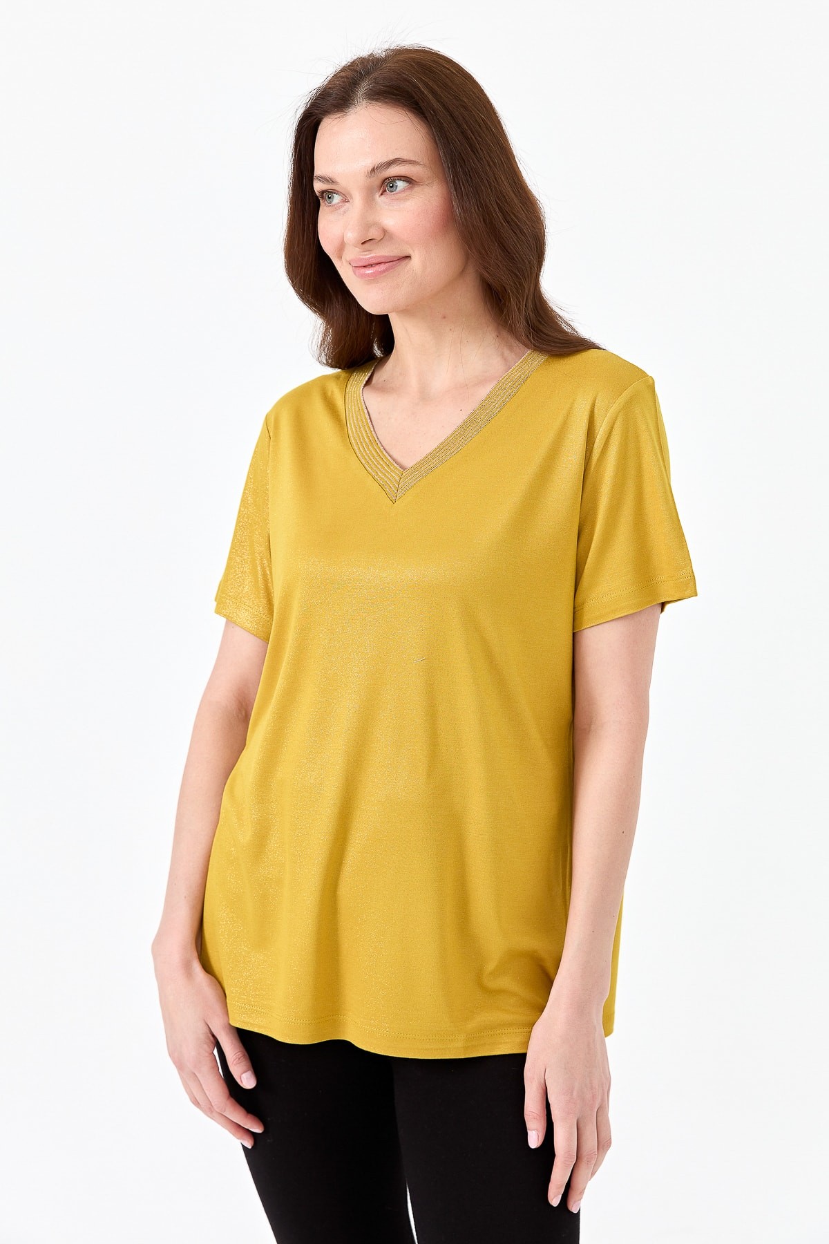 Kadın V Yaka Çizgili Penye T-shirt 23453