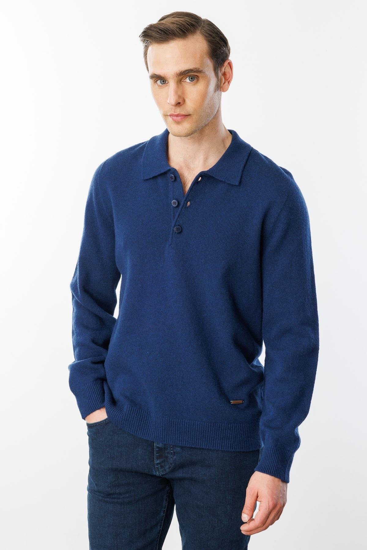 Erkek Polo Yaka Basic Yün Kazak 23528 - İndigo