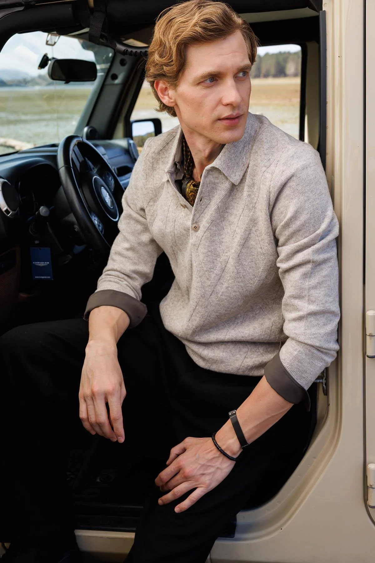 Erkek Polo Yaka Hasır Örgü Baklava Yürütmeli Yün Kazak 25507