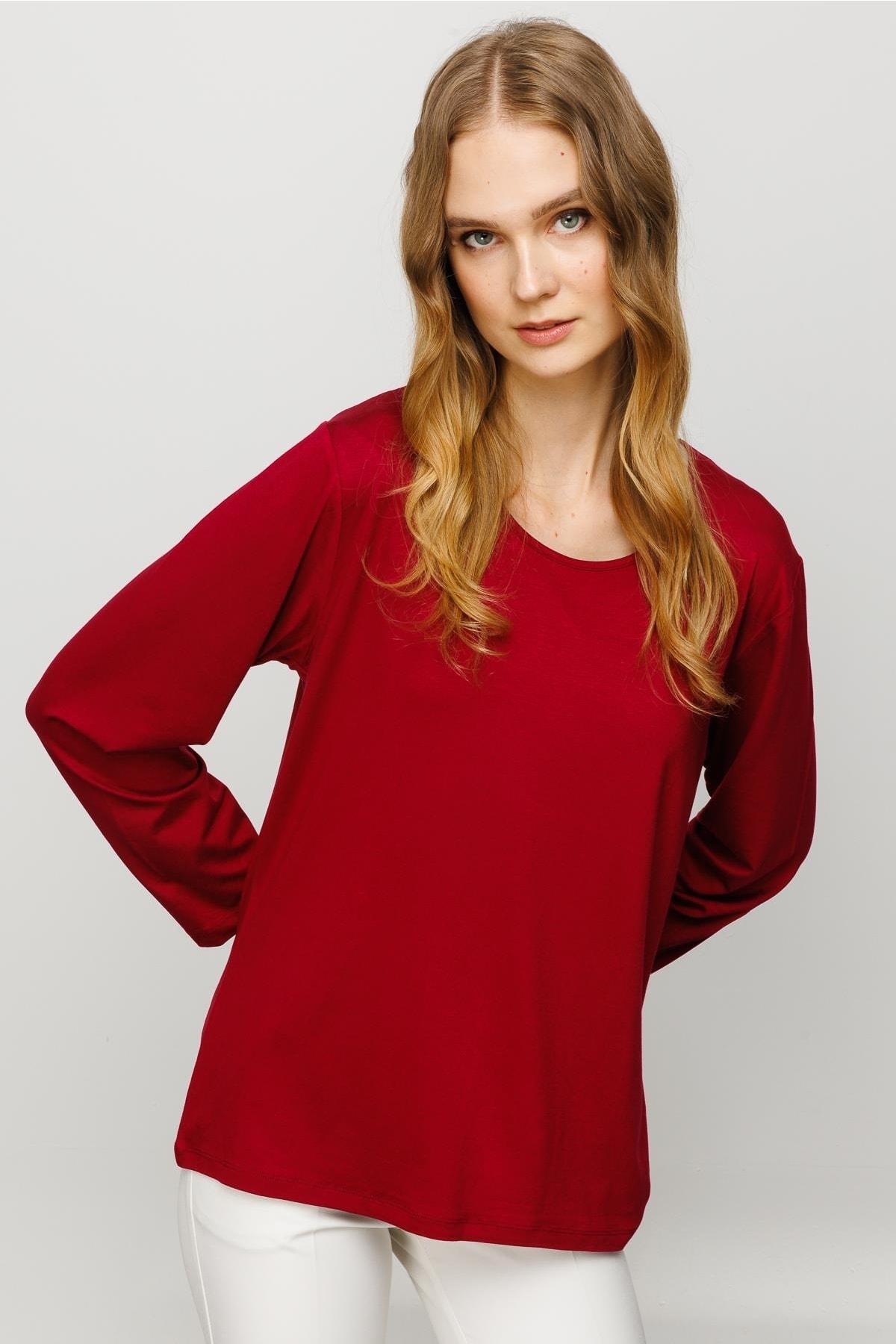 Kadın Sıfır Yaka Basic Penye Bluz 23787 - BORDO