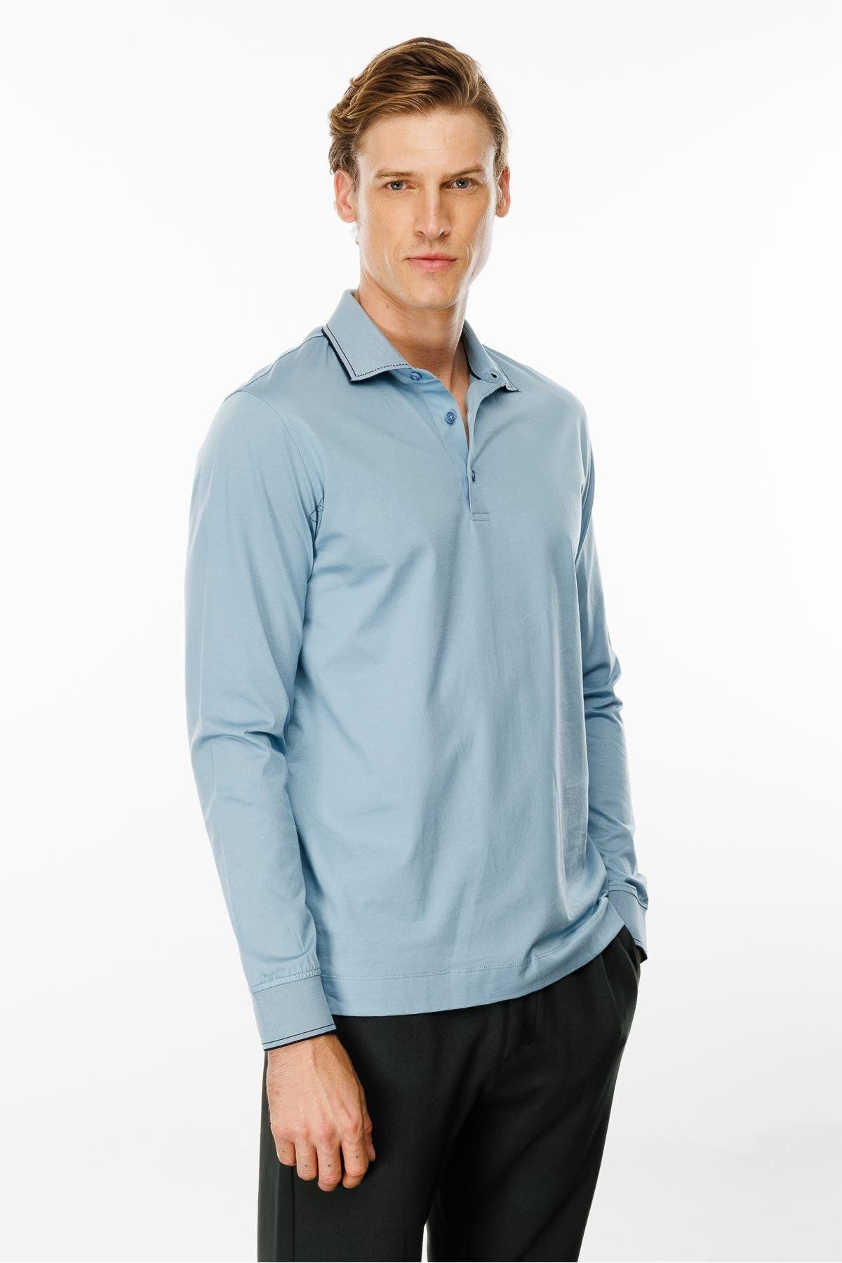 Erkek Polo Yaka Uzun Kollu Sweatshirt MTA13 - Mavi