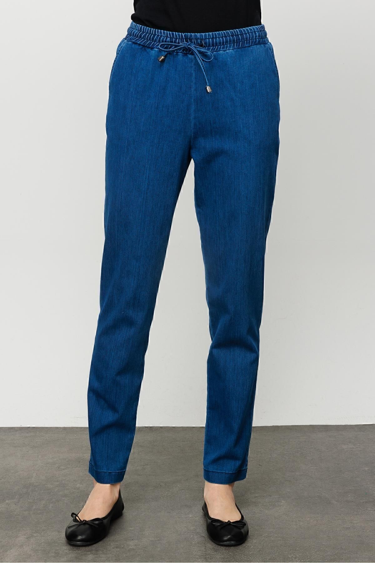 Kadın Beli Bağcıklı Lastikli Jean Pantolon Mavi 23903