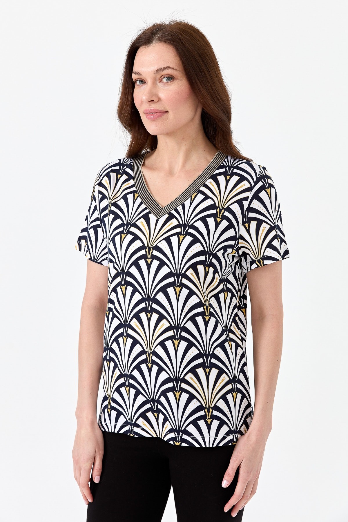 Kadın V Yaka Yelpaze Desenli Penye T-shirt 23468
