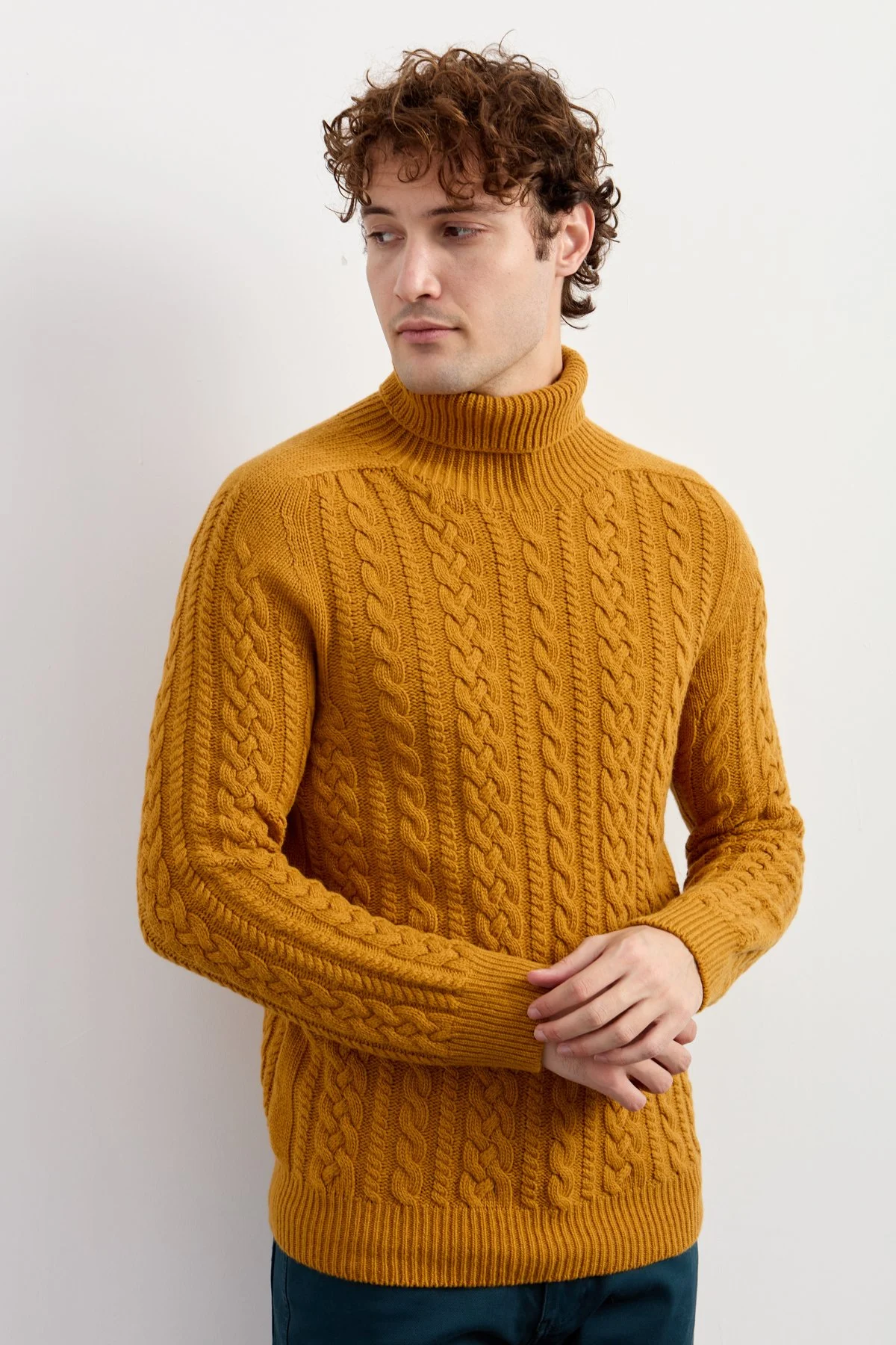 Erkek Balıkçı Yaka Saç Örgülü Yün Kazak 22589