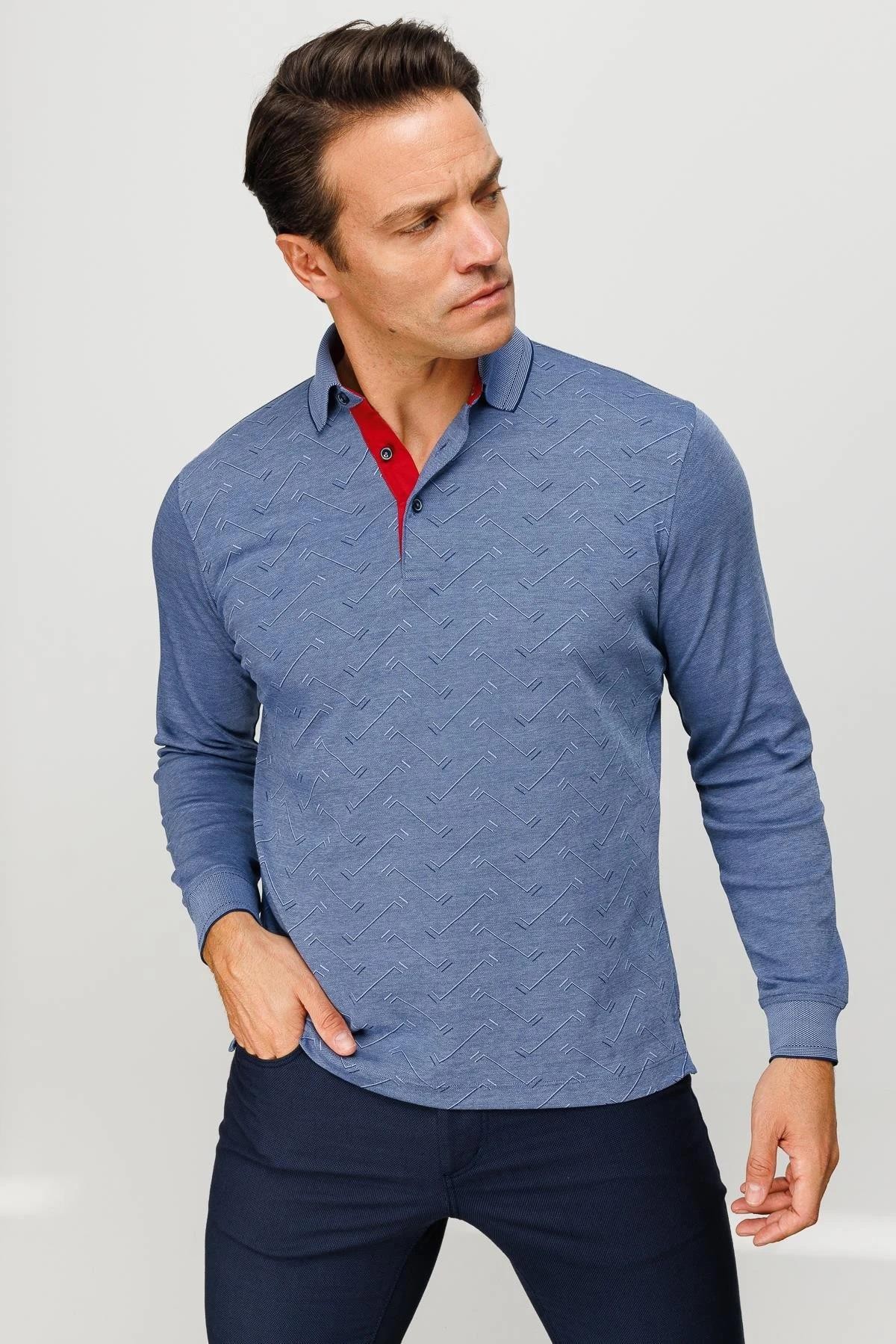 Erkek Polo Yaka Desenli Uzun Kollu Sweatshirt MTA 705 - Lacivert