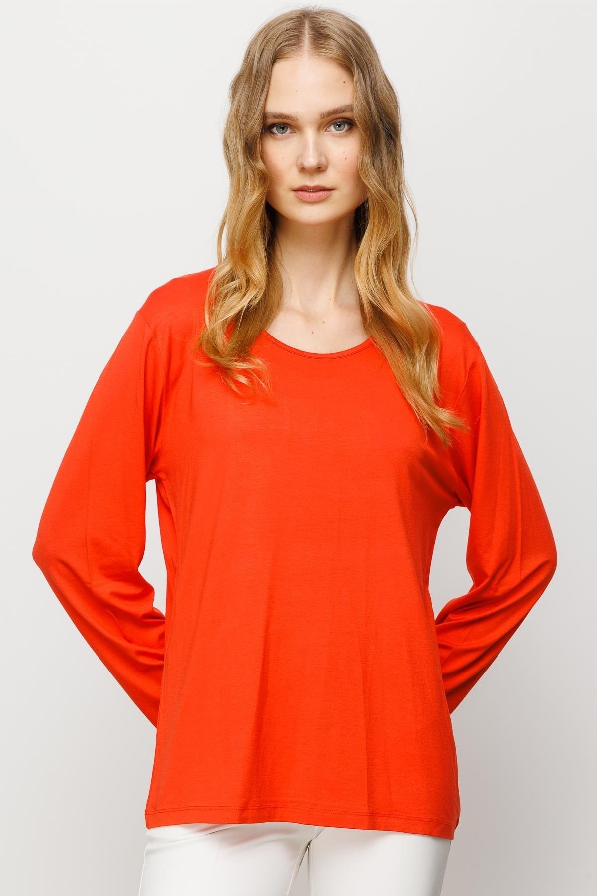 Kadın Sıfır Yaka Basic Penye Bluz 23787 - Oranj