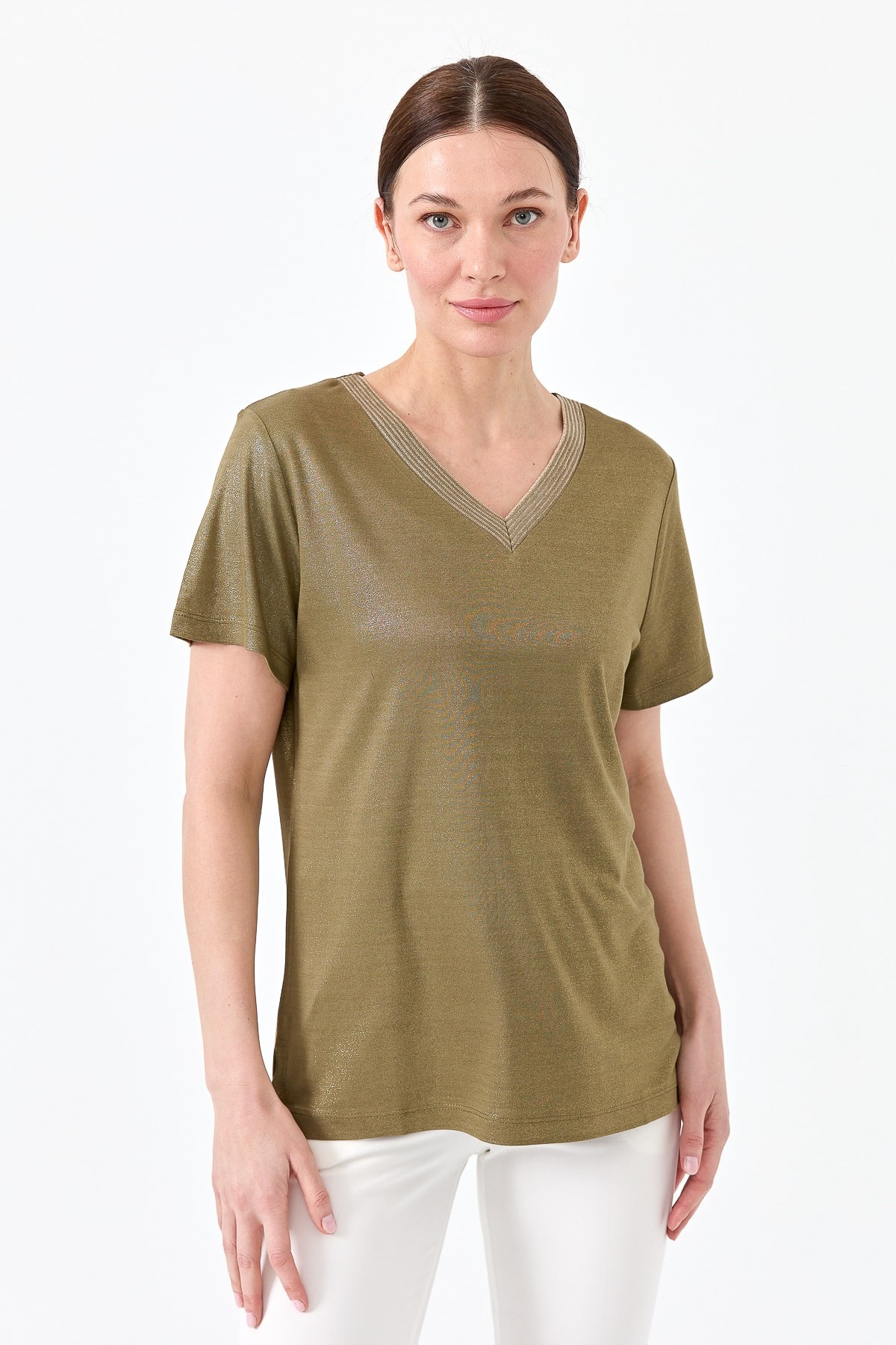 Kadın V Yaka Çizgili Penye T-shirt 23453