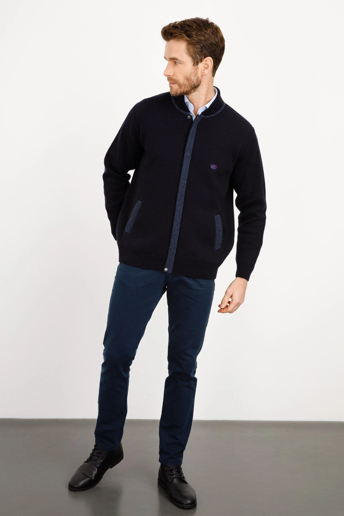 Erkek Pike Dokuma Fermuarlı Cepli Triko Mont Koyu Lacivert