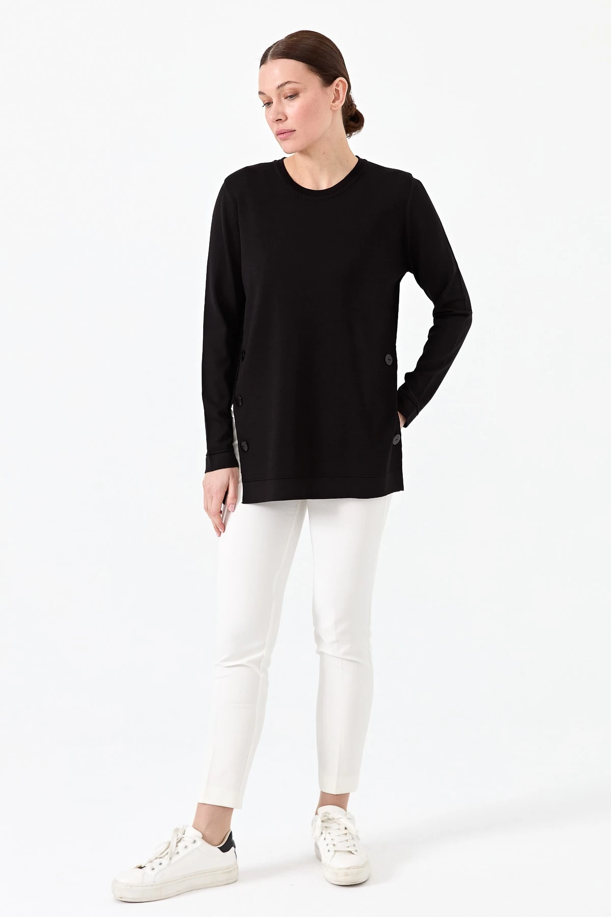 Kadın Sıfır Yaka Yanı Düğmeli Triko Bluz 23355