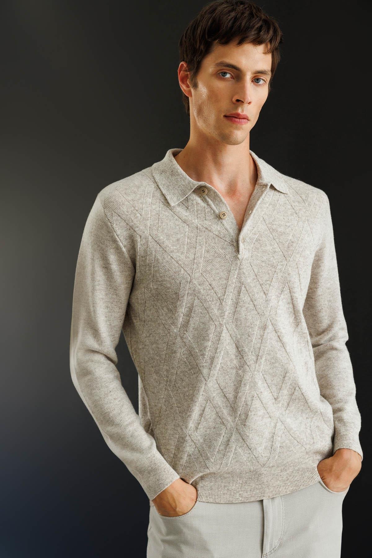 Erkek Polo Yaka Hasır Örgü Baklava Yürütmeli Yün Kazak 25507