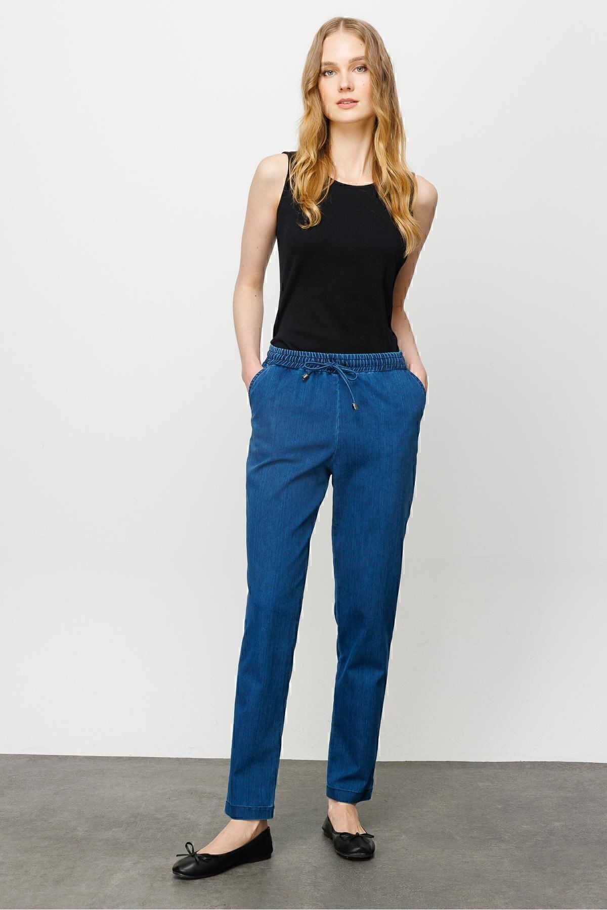 Kadın Beli Bağcıklı Lastikli Jean Pantolon Mavi 23903