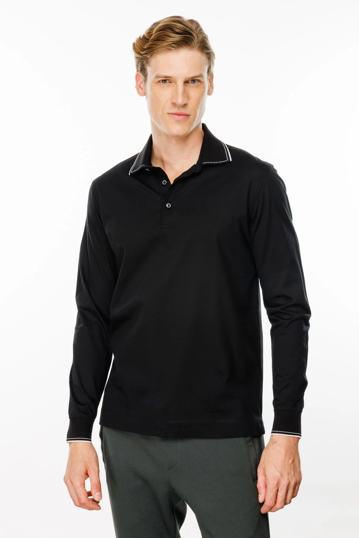 Erkek Polo Yaka Uzun Kollu Sweatshirt MTA13 - Siyah