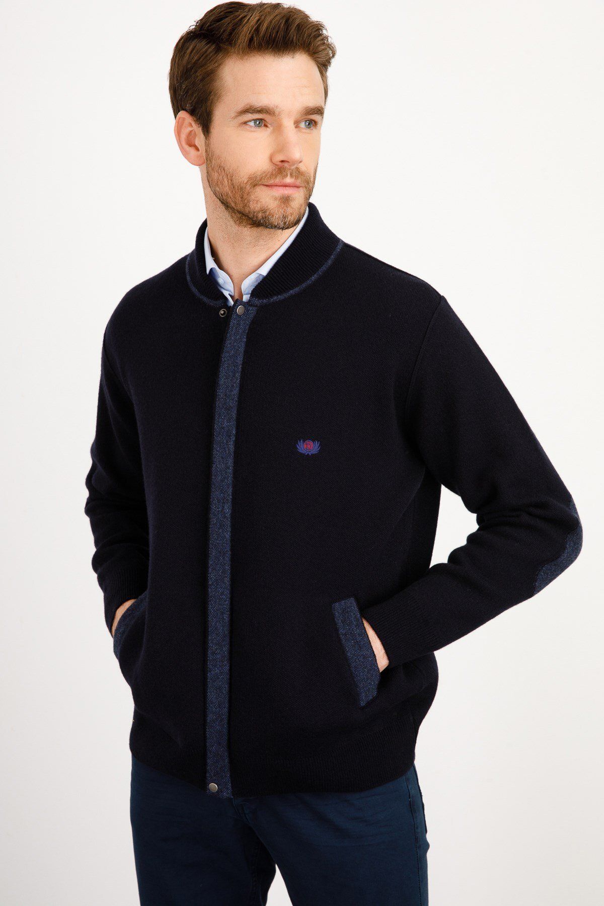Erkek Pike Dokuma Fermuarlı Cepli Triko Mont Koyu Lacivert