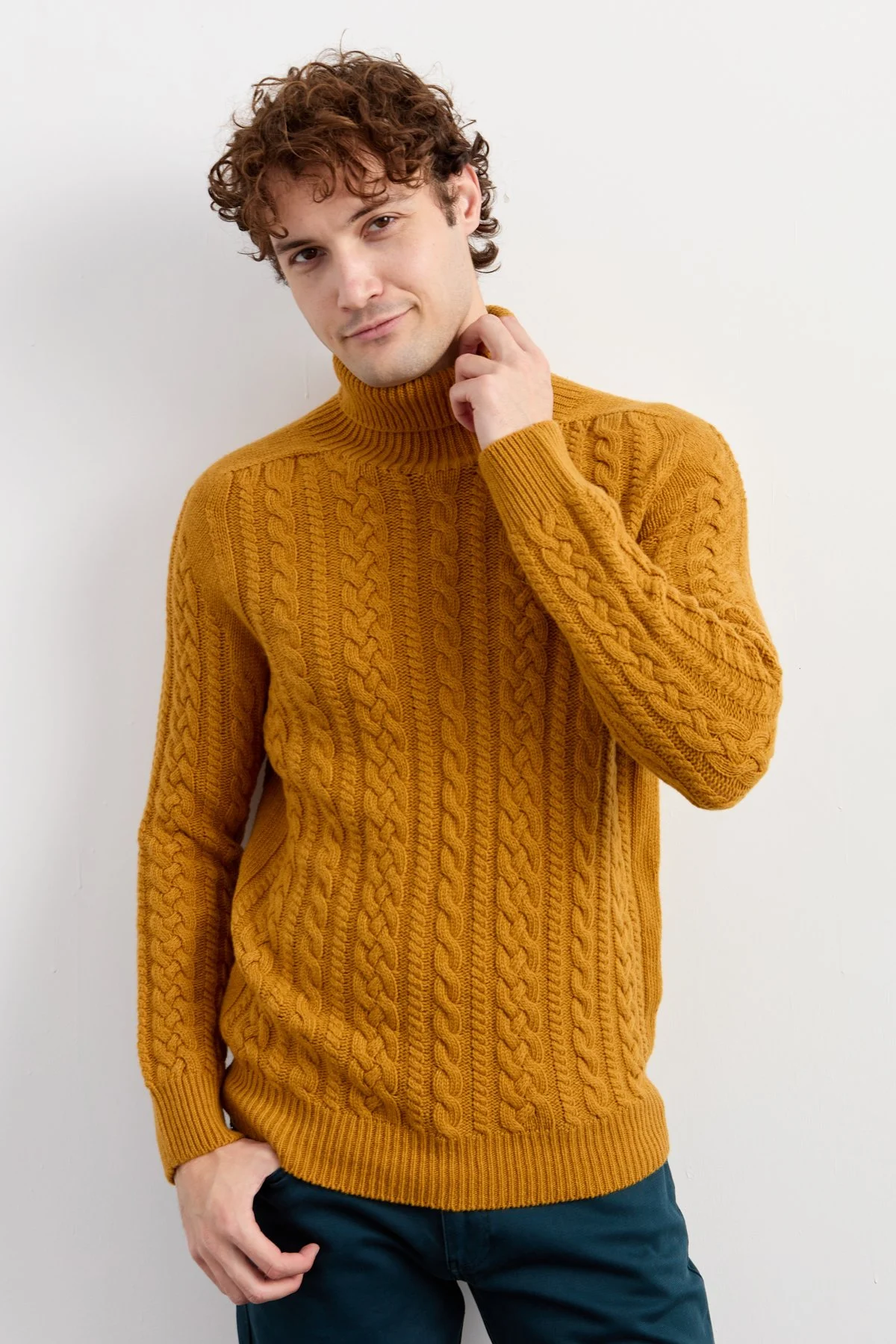 Erkek Balıkçı Yaka Saç Örgülü Yün Kazak 22589