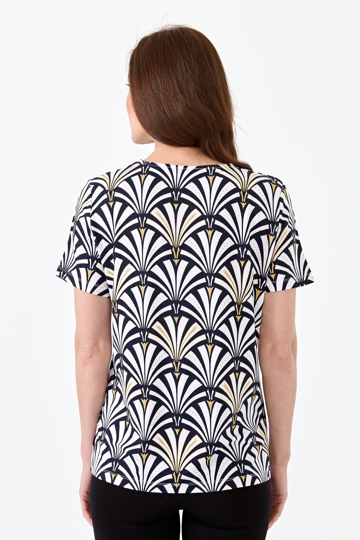 Kadın V Yaka Yelpaze Desenli Penye T-shirt 23468