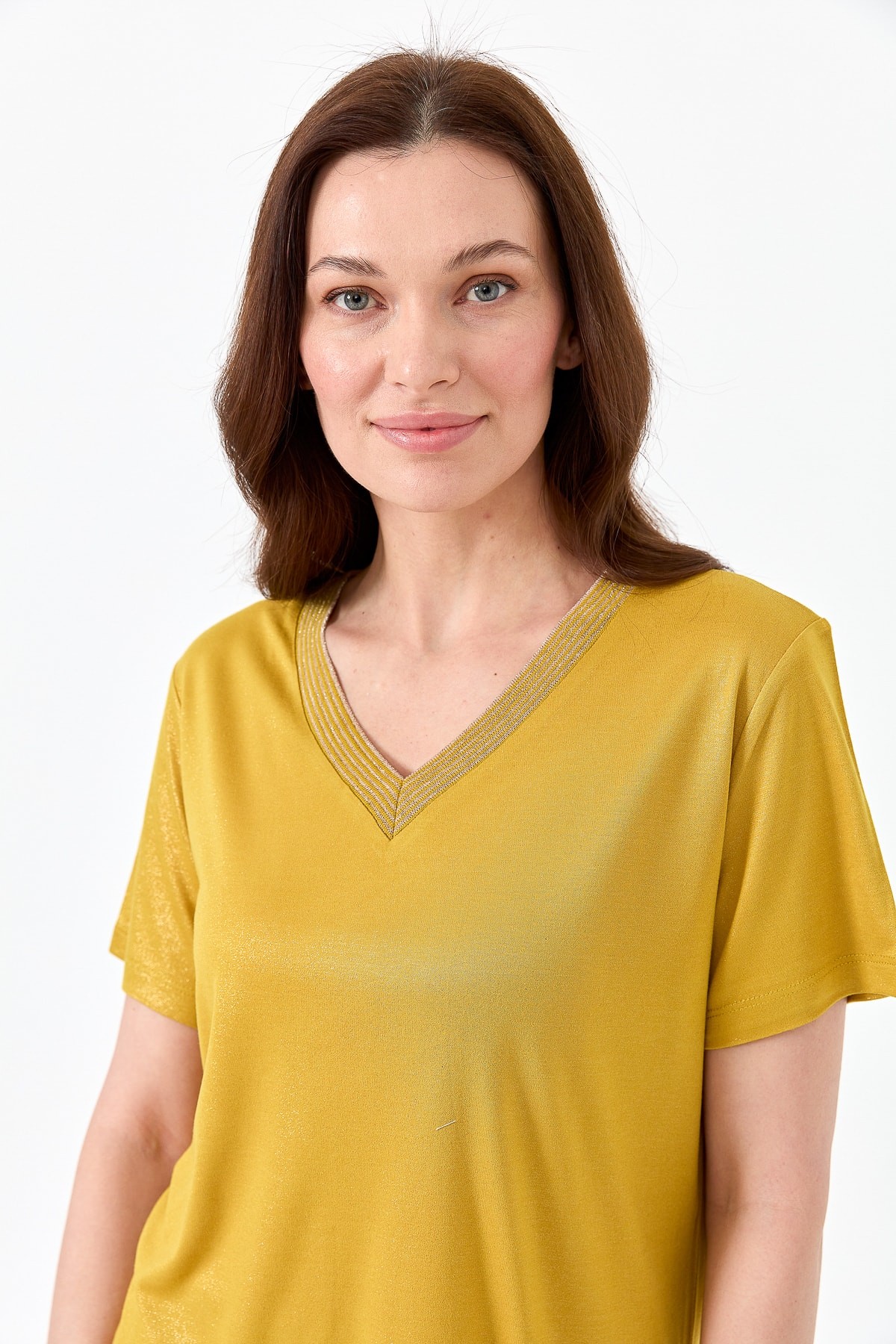 Kadın V Yaka Çizgili Penye T-shirt 23453