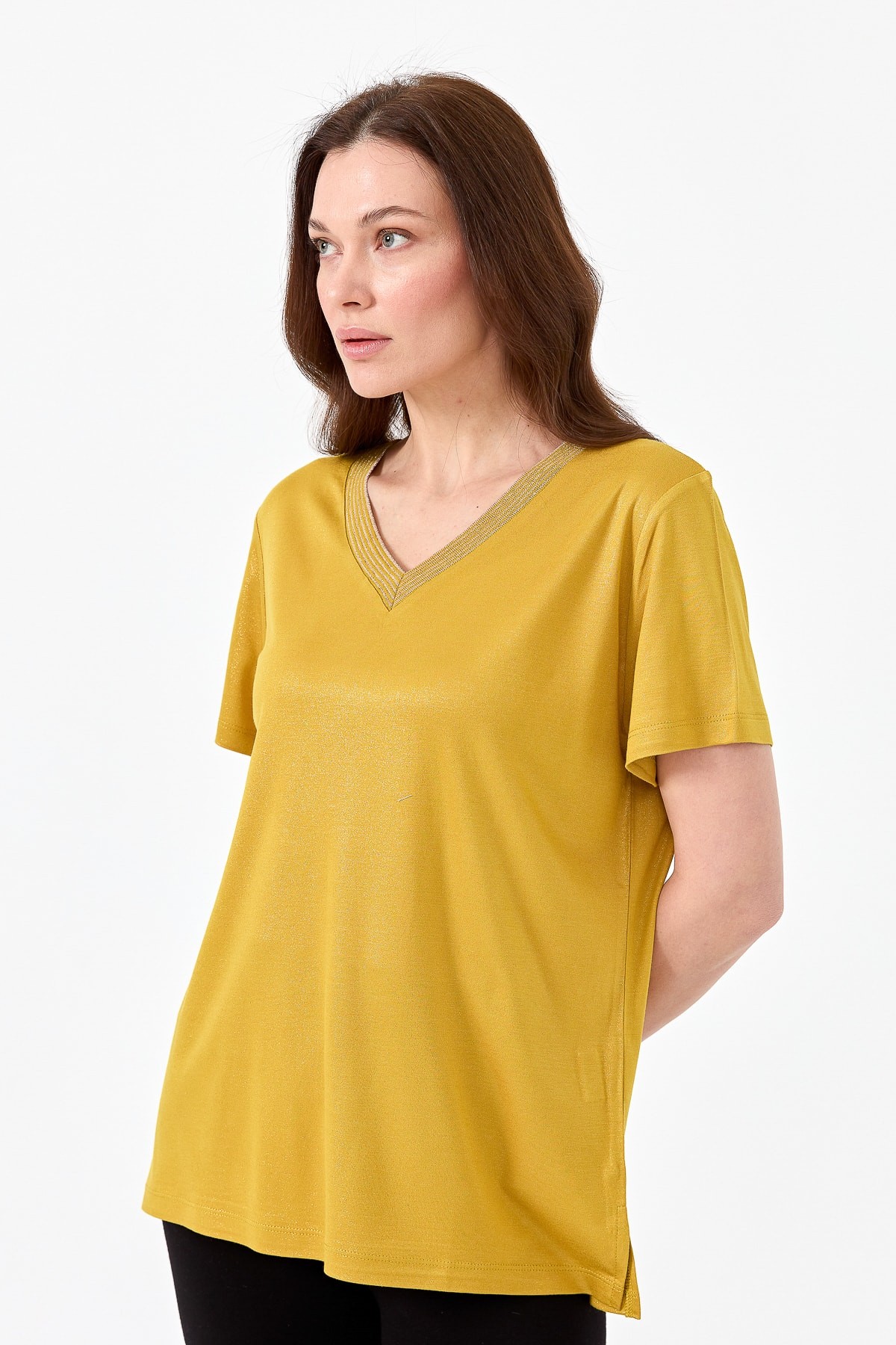 Kadın V Yaka Çizgili Penye T-shirt 23453