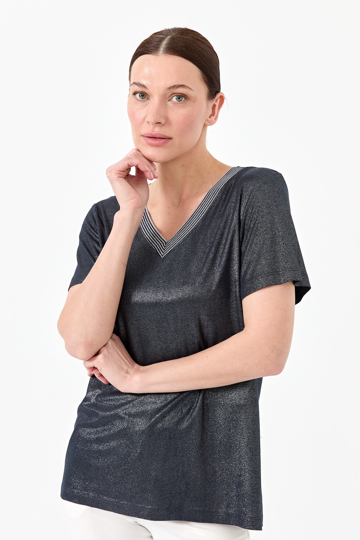 Kadın V Yaka Çizgili Penye T-shirt 23453 - Lacivert
