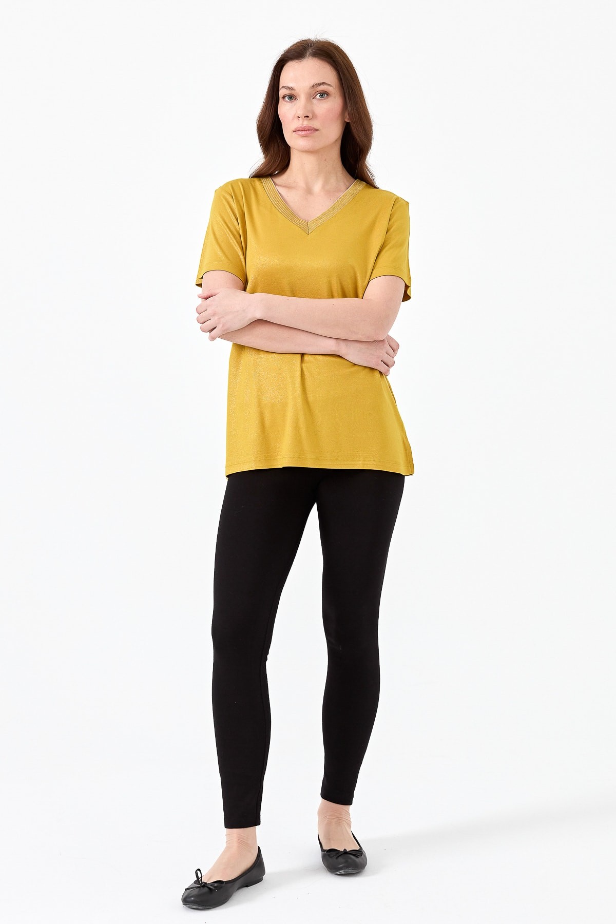 Kadın V Yaka Çizgili Penye T-shirt 23453