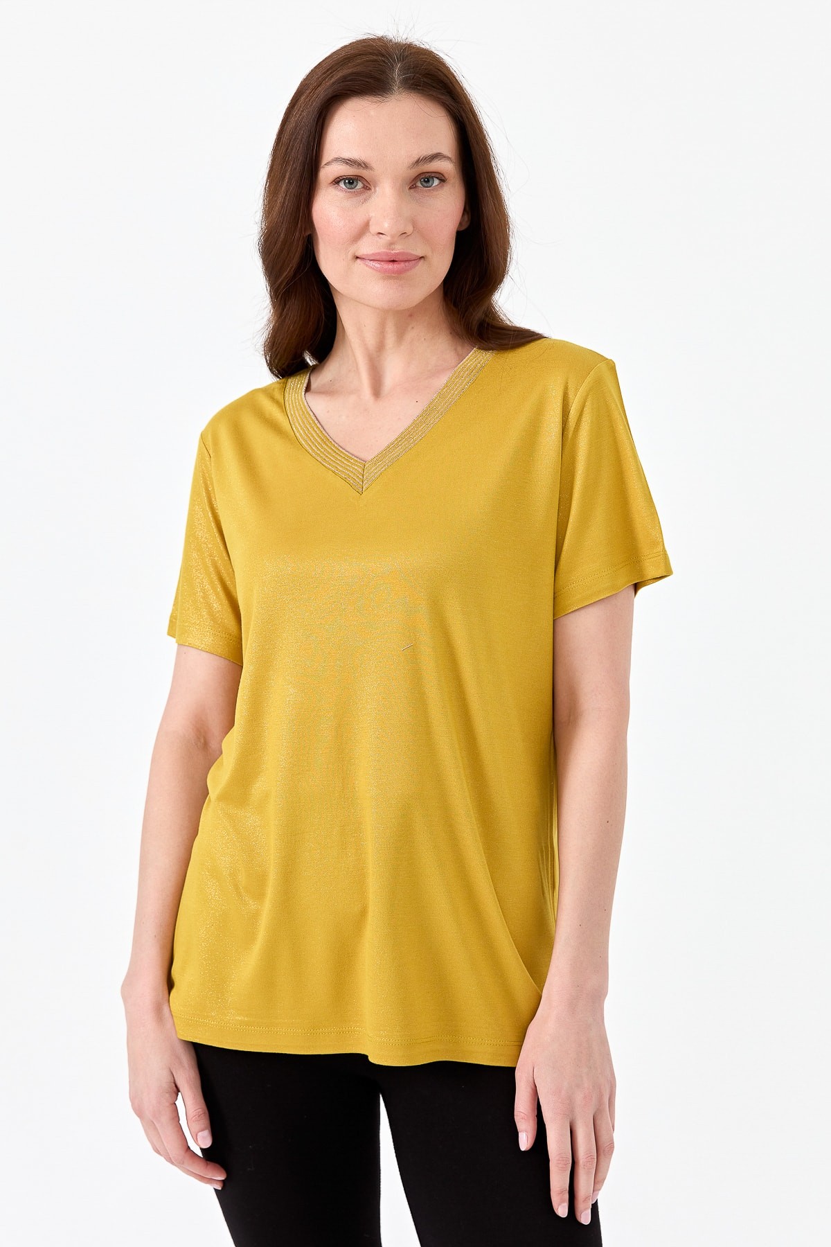 Kadın V Yaka Çizgili Penye T-shirt 23453 - sarı
