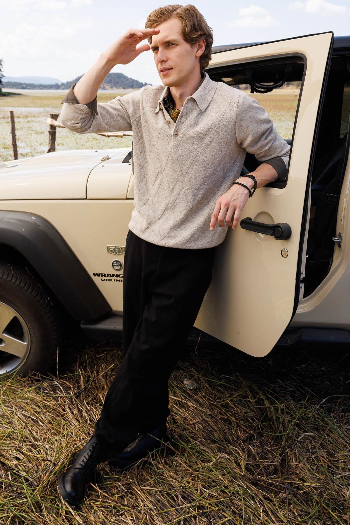 Erkek Polo Yaka Hasır Örgü Baklava Yürütmeli Yün Kazak 25507