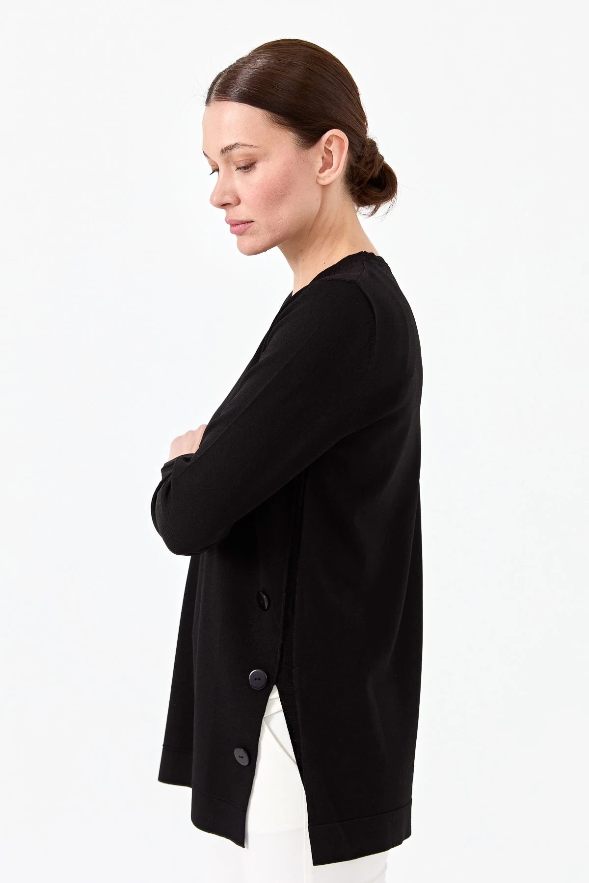 Kadın Sıfır Yaka Yanı Düğmeli Triko Bluz 23355