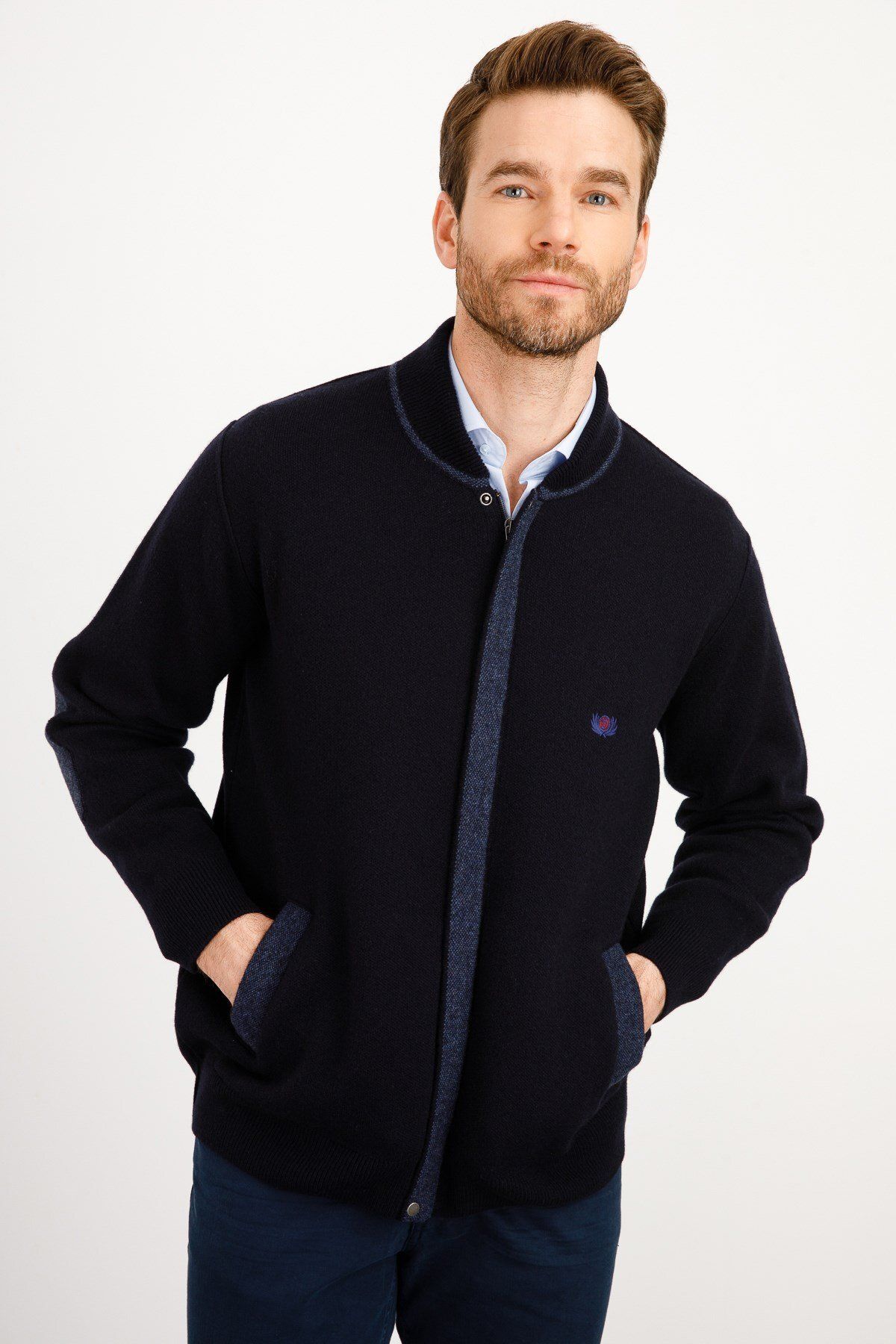 Erkek Pike Dokuma Fermuarlı Cepli Triko Mont Koyu Lacivert
