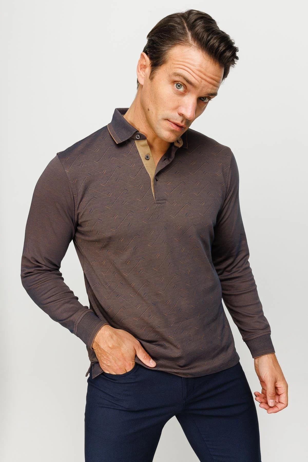 Erkek Polo Yaka Desenli Uzun Kollu Sweatshirt MTA 705 - KAHVE