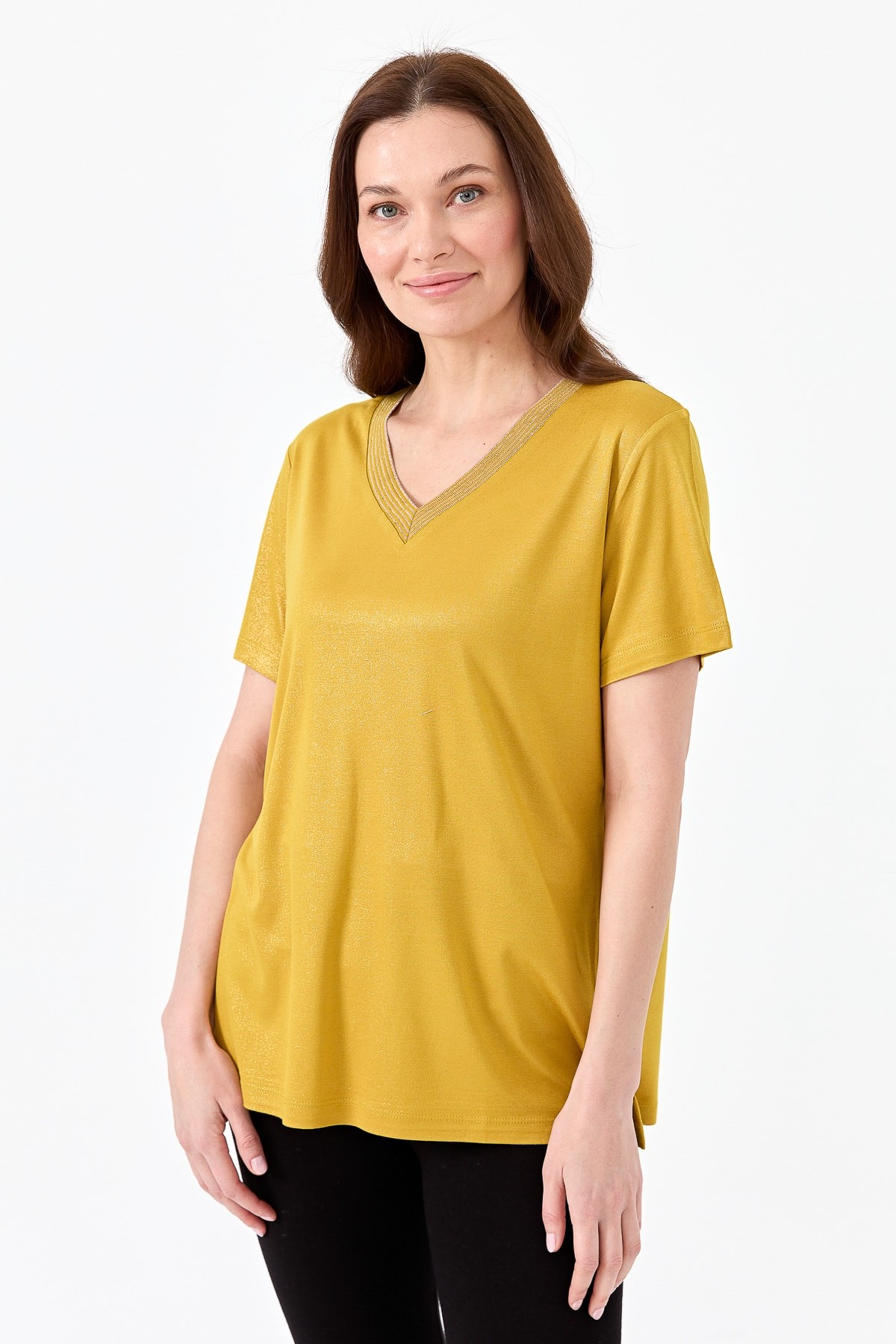 Kadın V Yaka Çizgili Penye T-shirt 23453