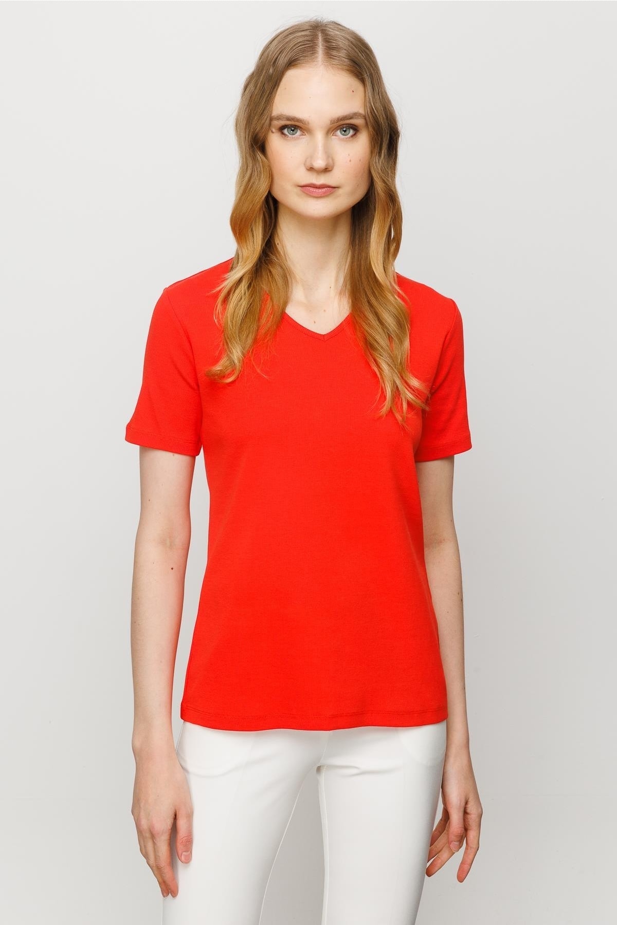 Kadın V Yaka Kaşkorse Pamuk T-shirt 23753