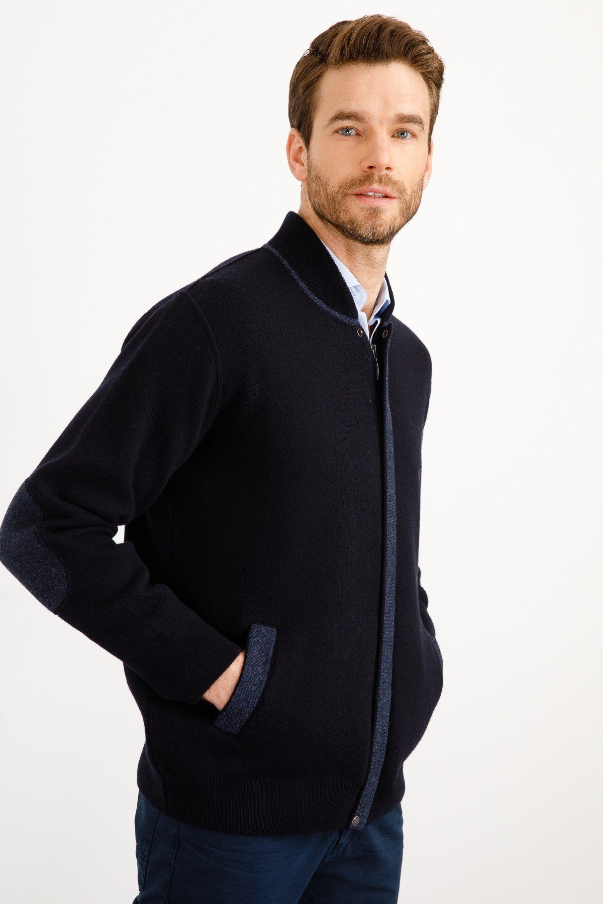 Erkek Pike Dokuma Fermuarlı Cepli Triko Mont Koyu Lacivert