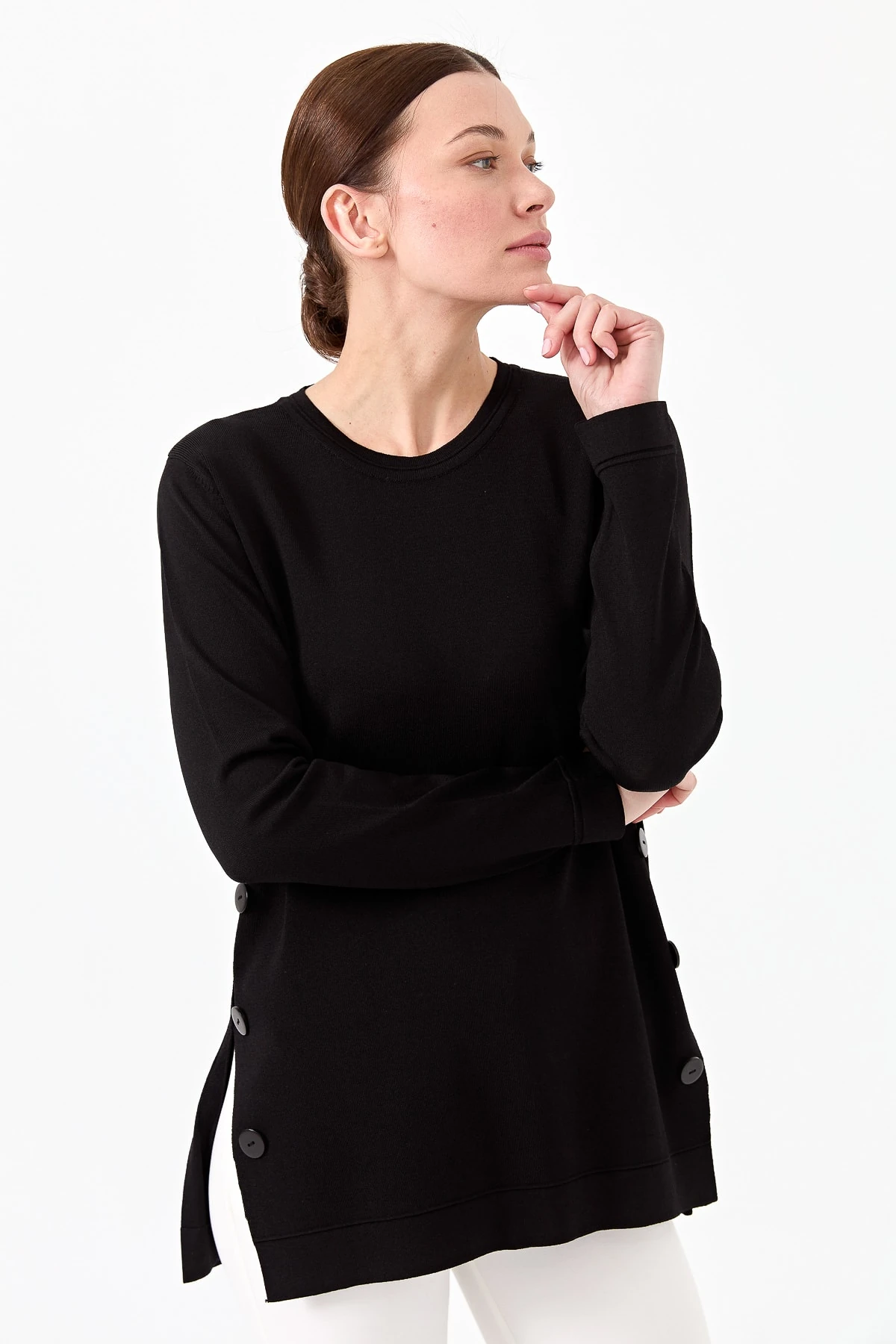 Kadın Sıfır Yaka Yanı Düğmeli Triko Bluz 23355